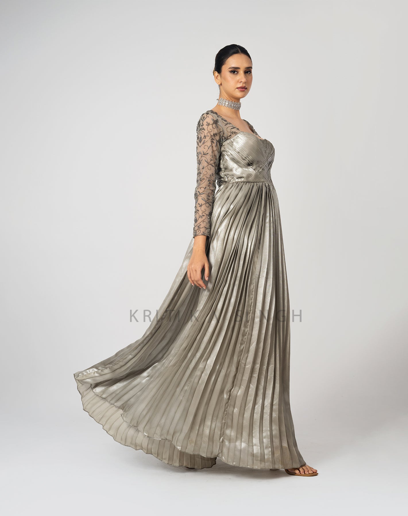 Grey Cherry Silver Metallic Hand Embroidered  Gown