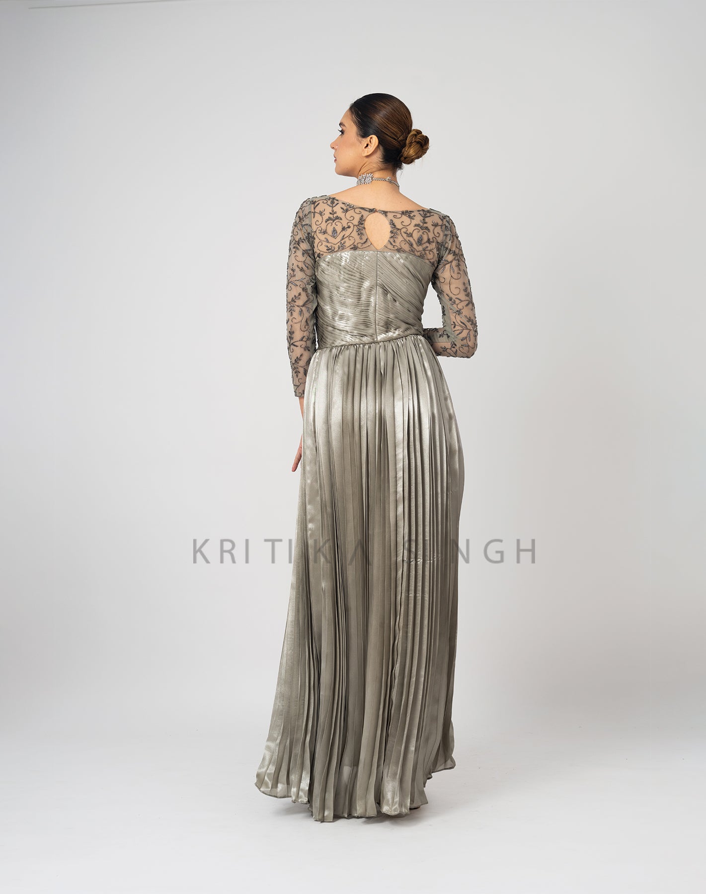 Grey Cherry Silver Metallic Hand Embroidered  Gown