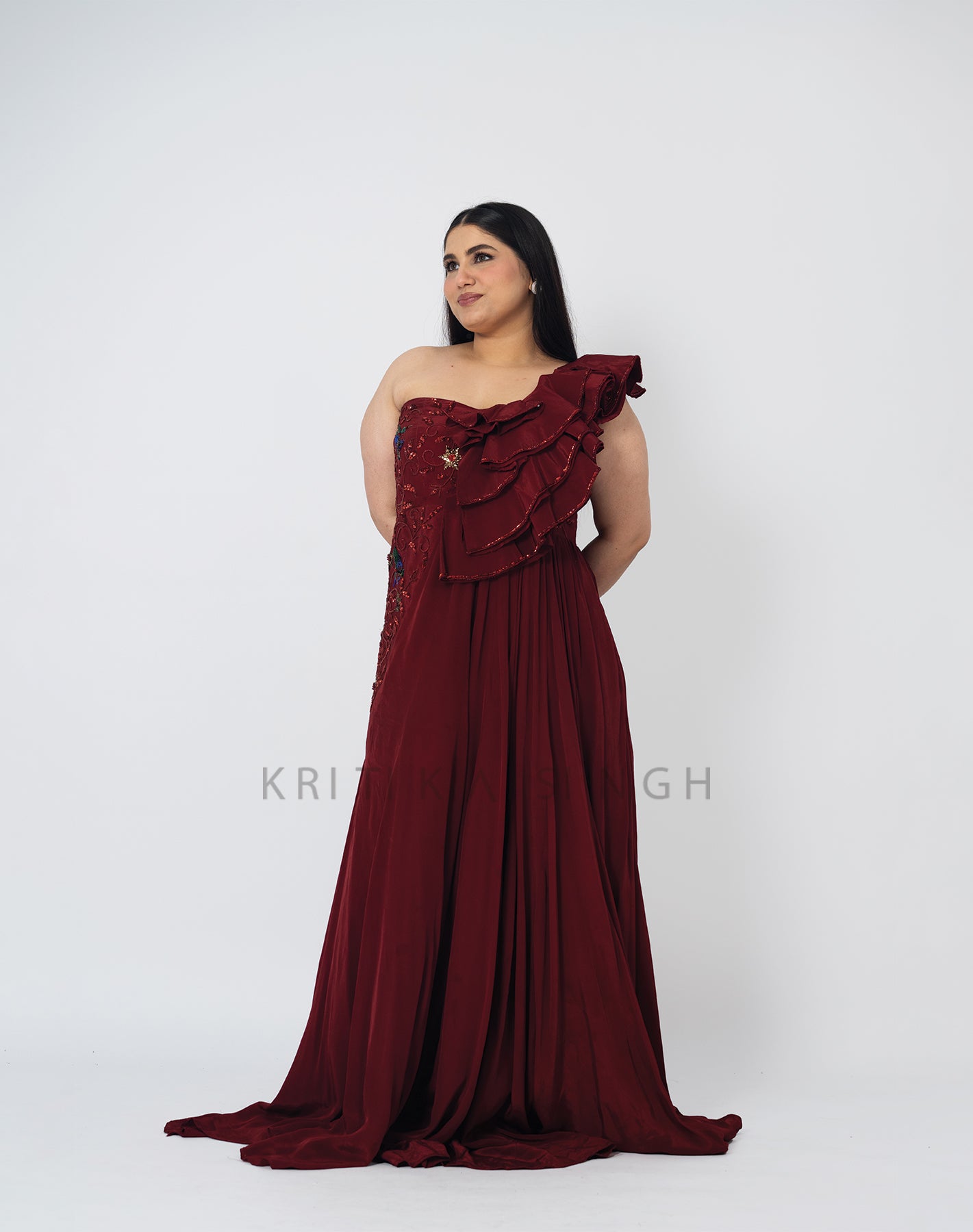 Scarlet Sage Maroon Hand Embroidered  Gown