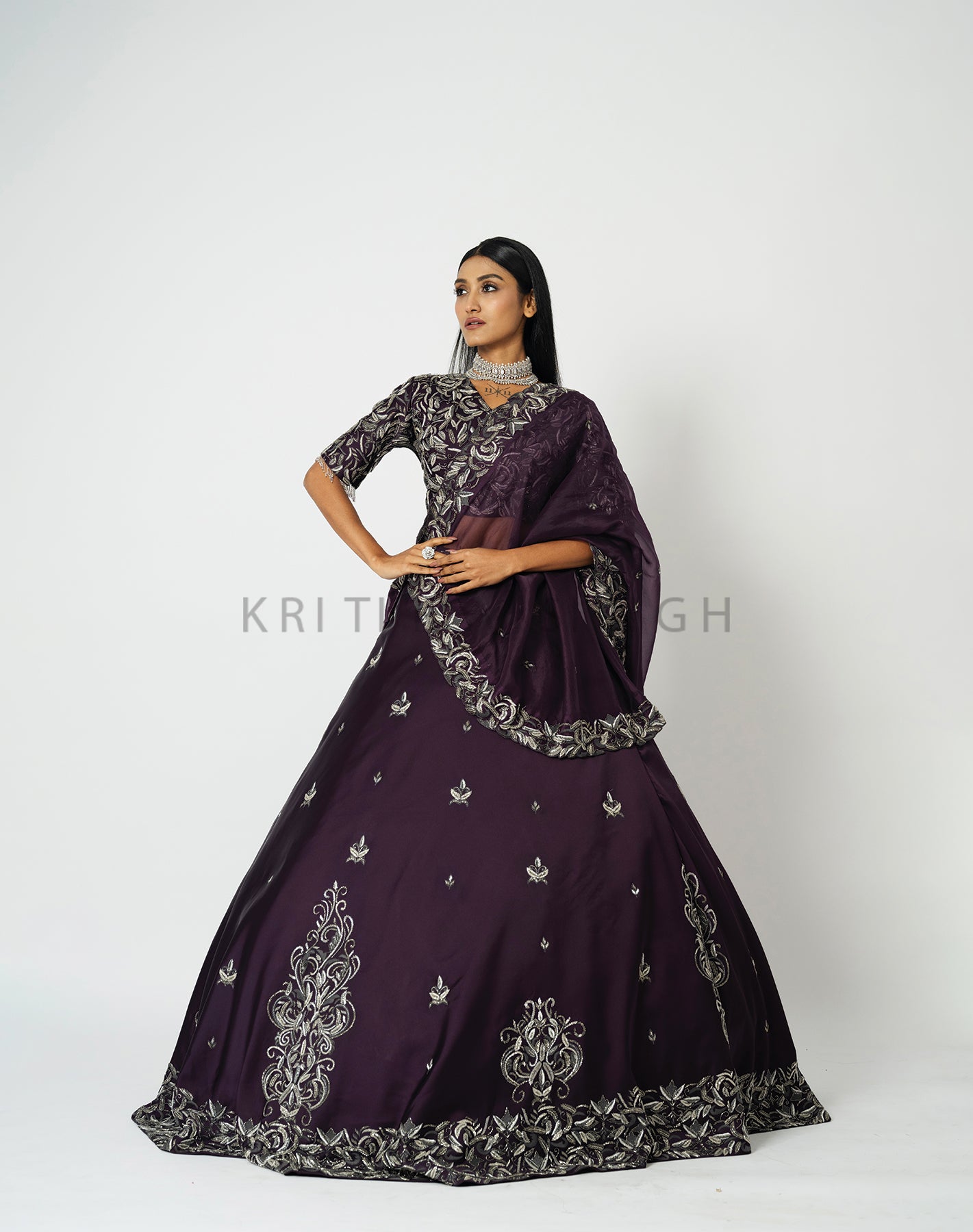 Shahana Metallic Mulberry purple Hand Embroidered  Bridal lehenga Set