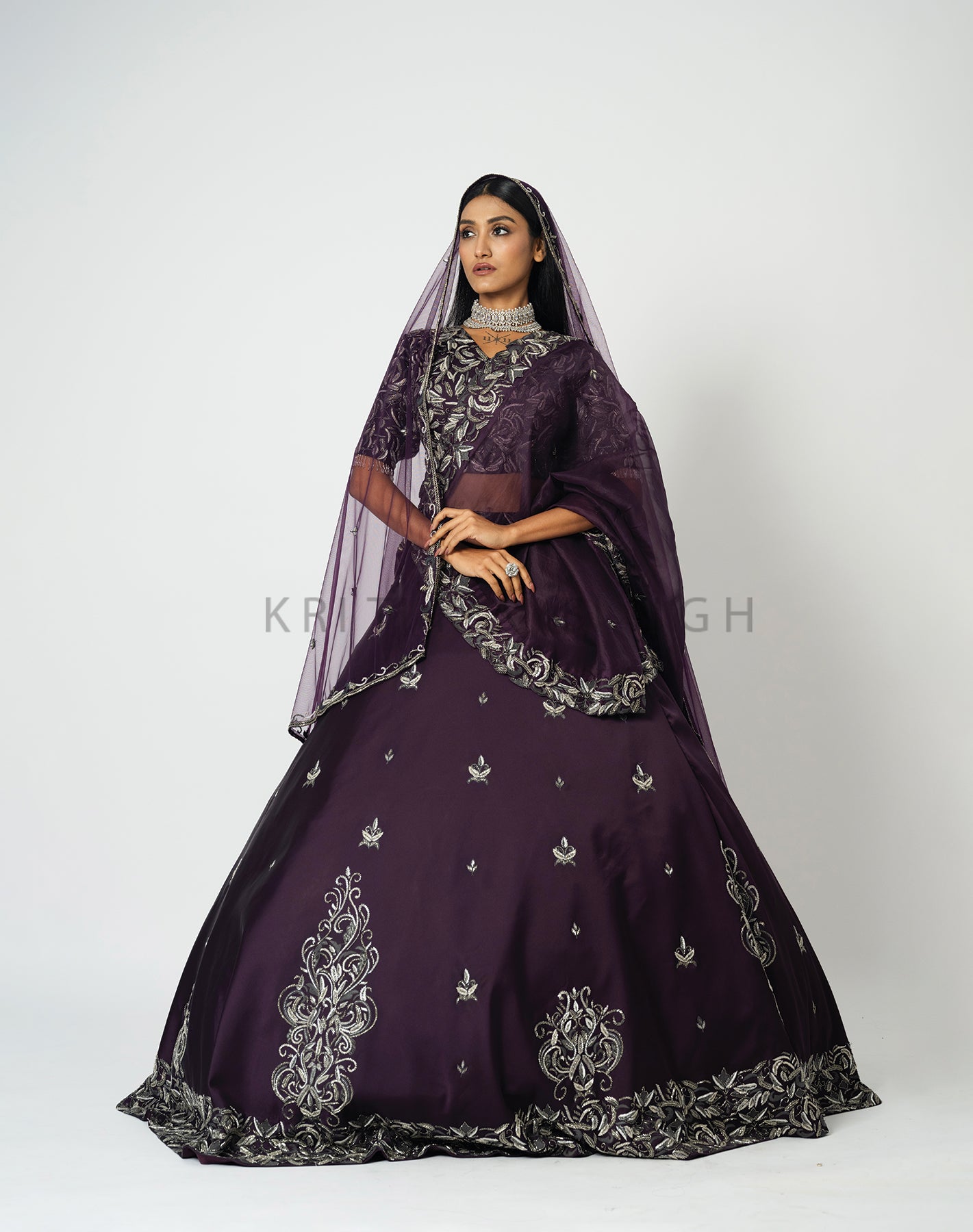 Shahana Metallic Mulberry purple Hand Embroidered  Bridal lehenga Set