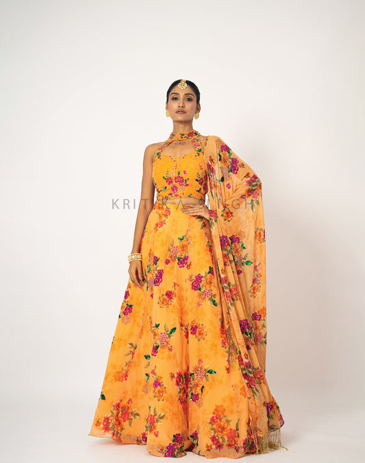 The Sunset Floral Orange Hand Embroidered  Lehenga Set