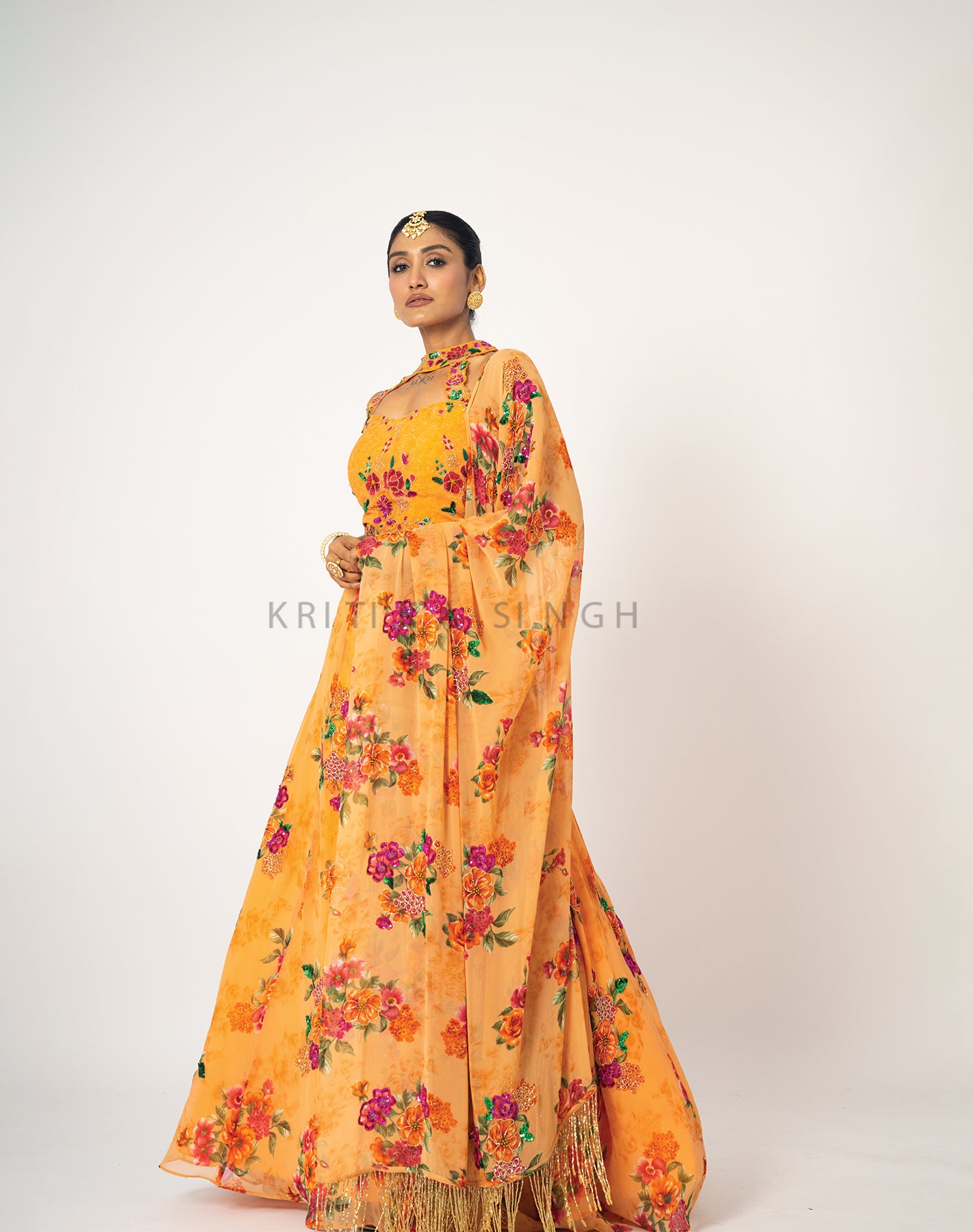 The Sunset Floral Orange Hand Embroidered  Lehenga Set