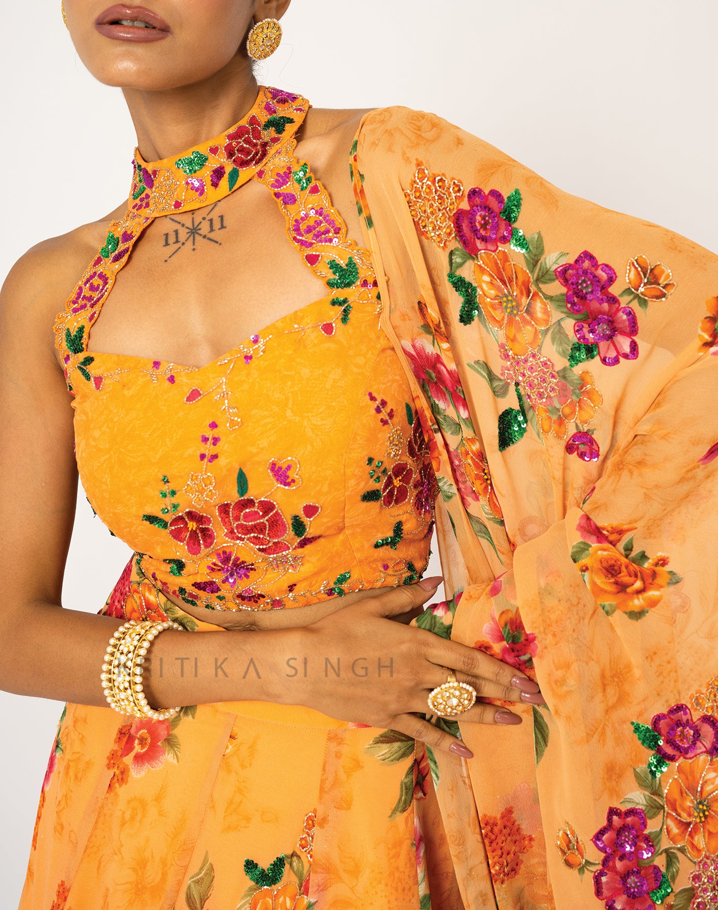 The Sunset Floral Orange Hand Embroidered  Lehenga Set