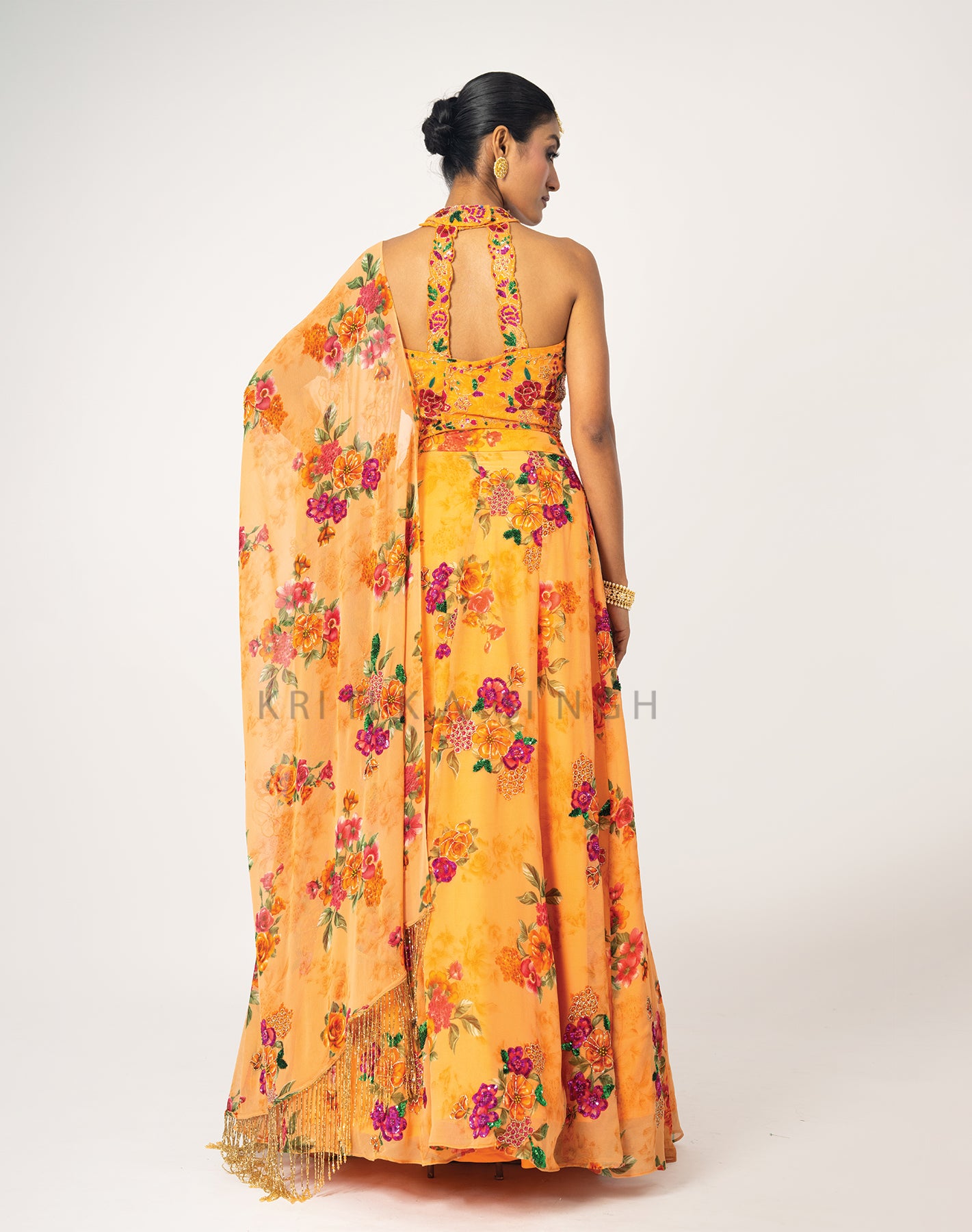 The Sunset Floral Orange Hand Embroidered  Lehenga Set