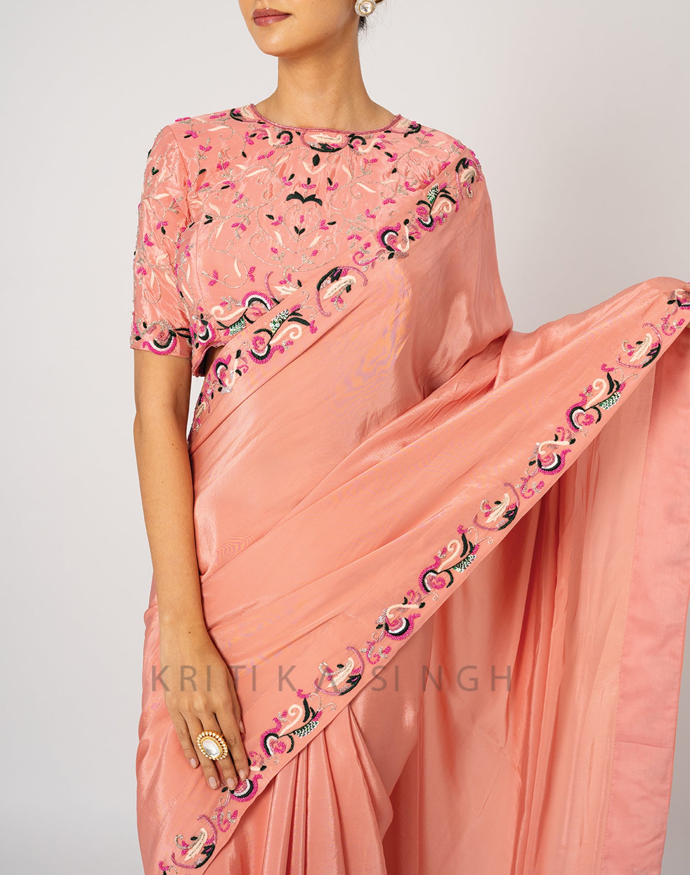 In a Lily Bit Peach Hand Embroidered Saree