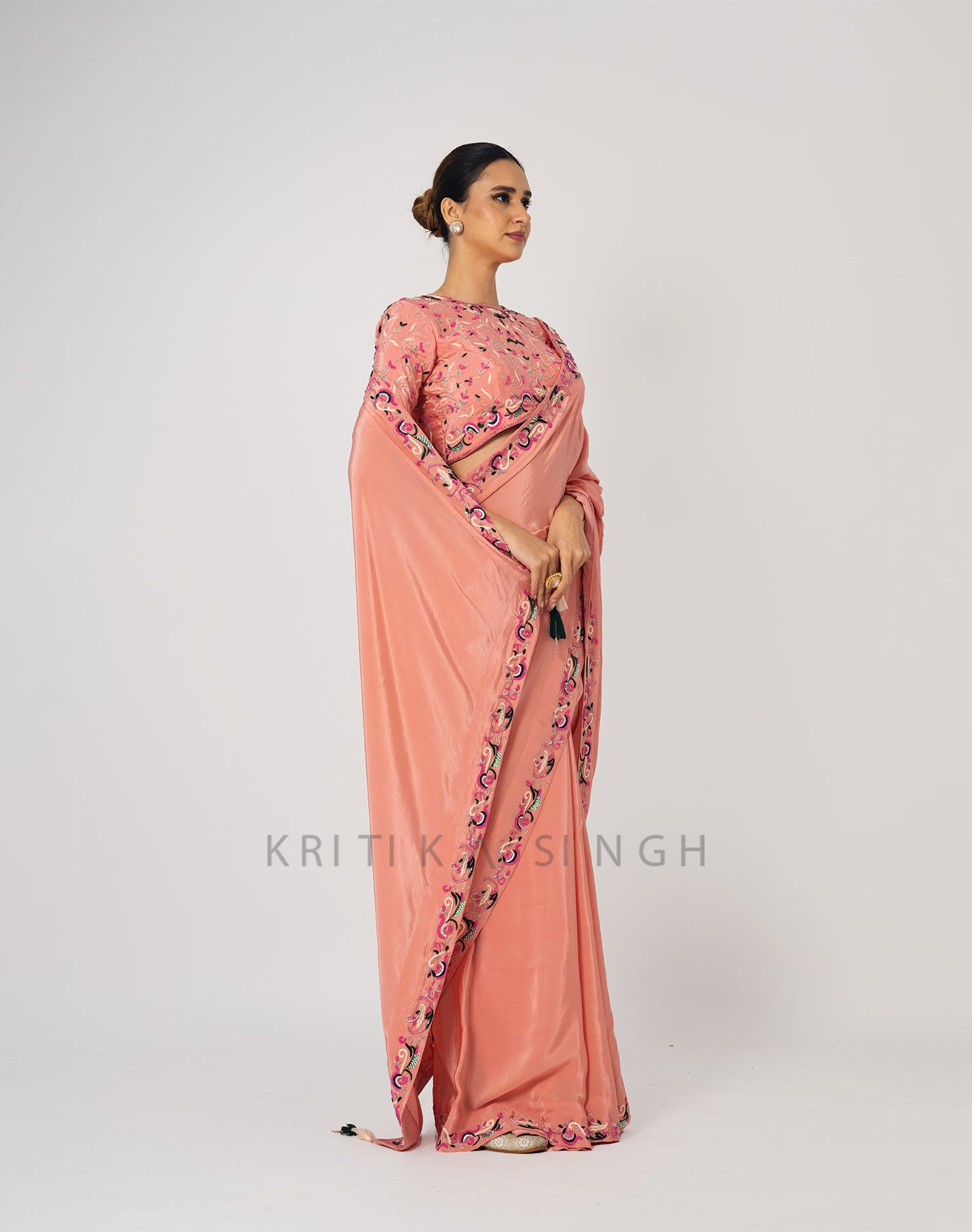 In a Lily Bit Peach Hand Embroidered Saree