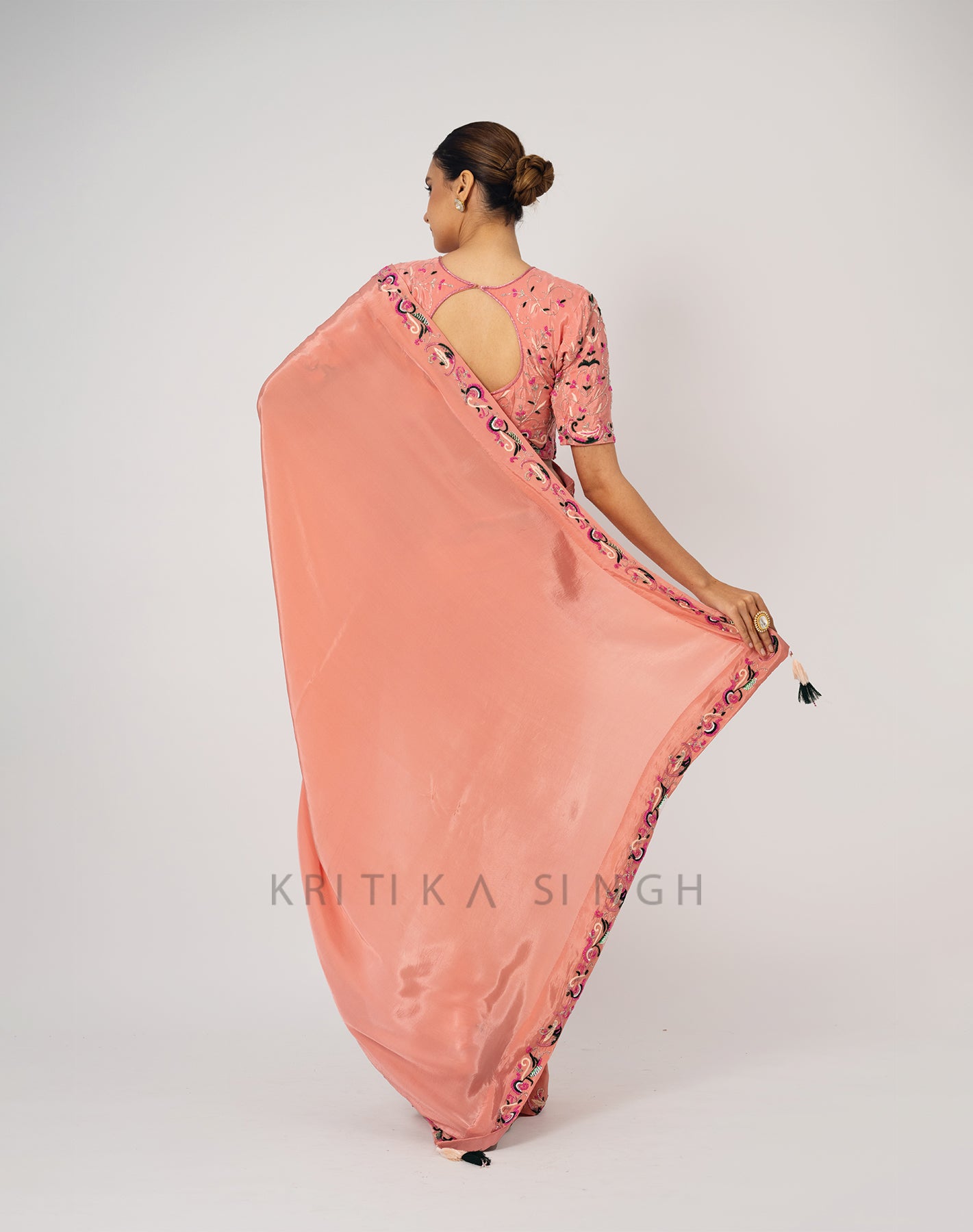 In a Lily Bit Peach Hand Embroidered Saree