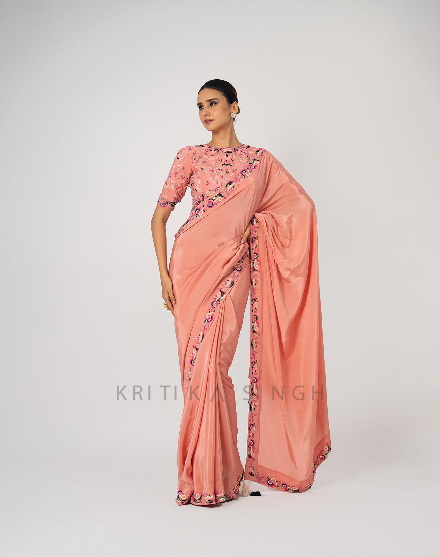 In a Lily Bit Peach Hand Embroidered Saree