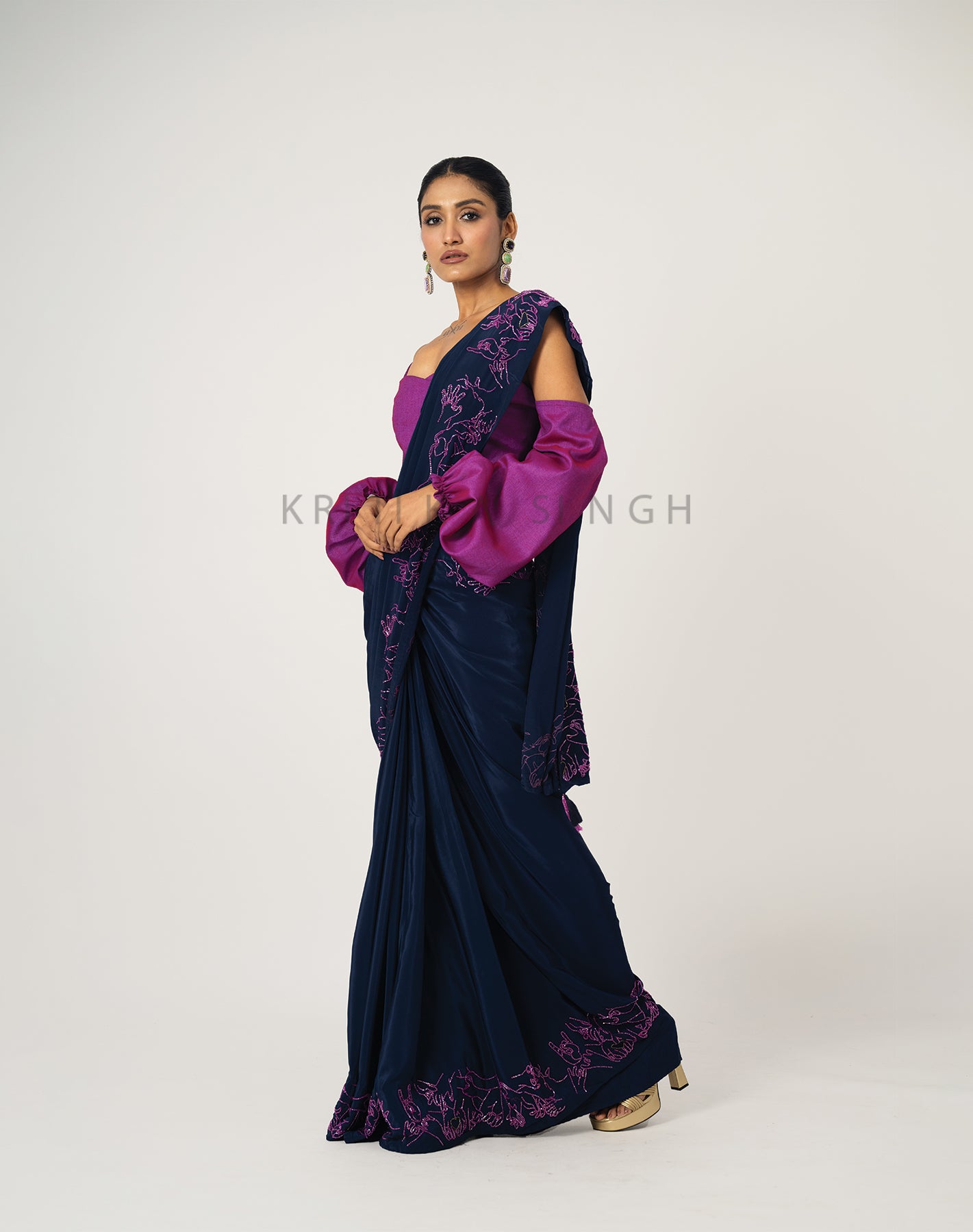 Love Story Navy Blue & Magenta Hand Embroidered Saree