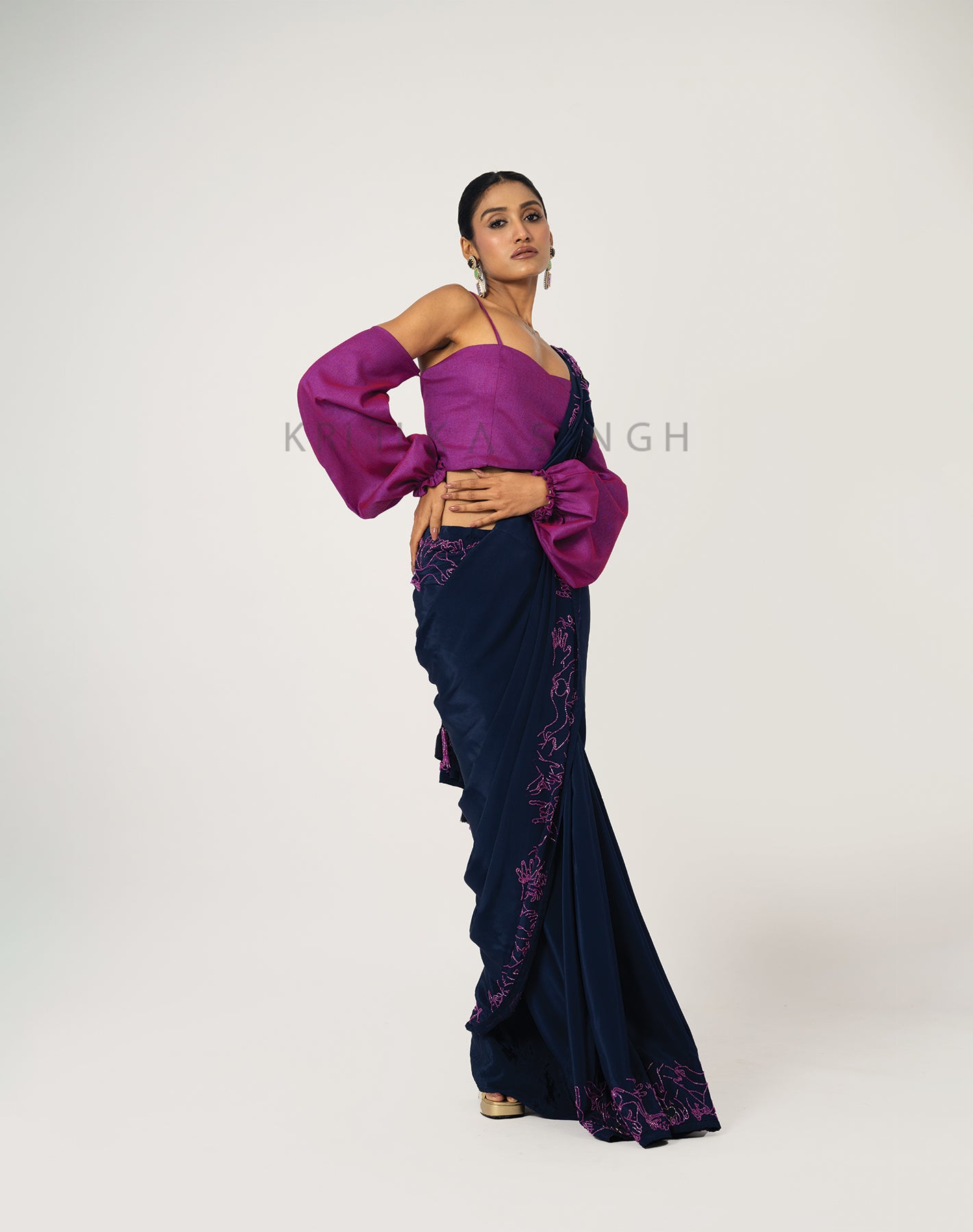 Love Story Navy Blue & Magenta Hand Embroidered Saree