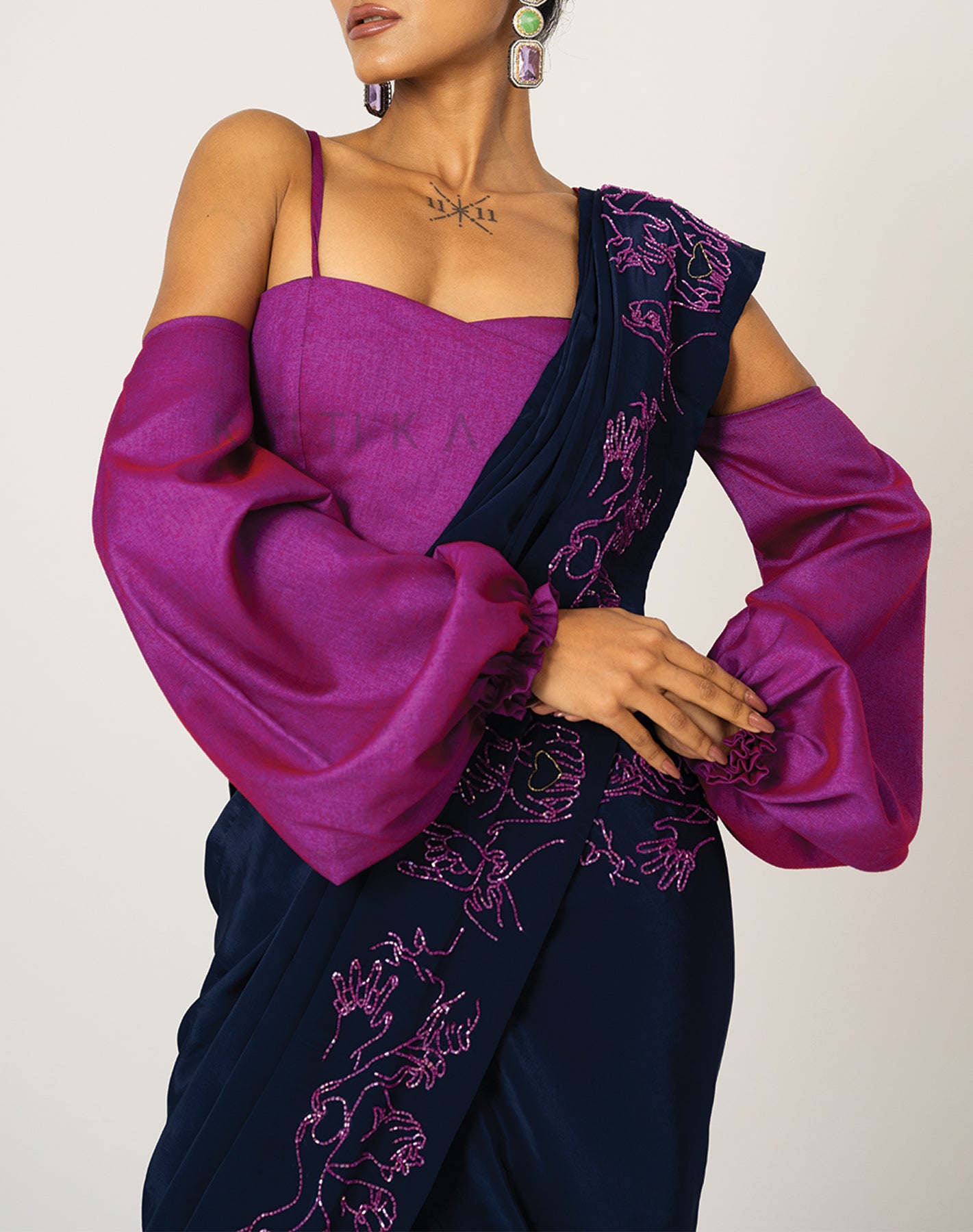 Love Story Navy Blue & Magenta Hand Embroidered Saree