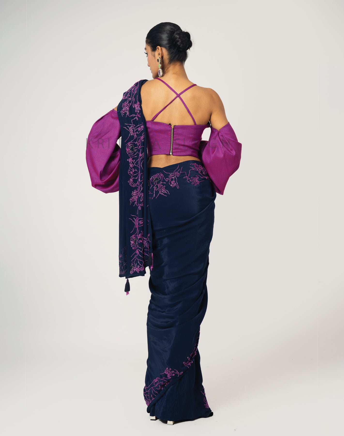 Love Story Navy Blue & Magenta Hand Embroidered Saree