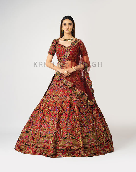 Raqta Red Hand Embroidered Bridal lehenga Set