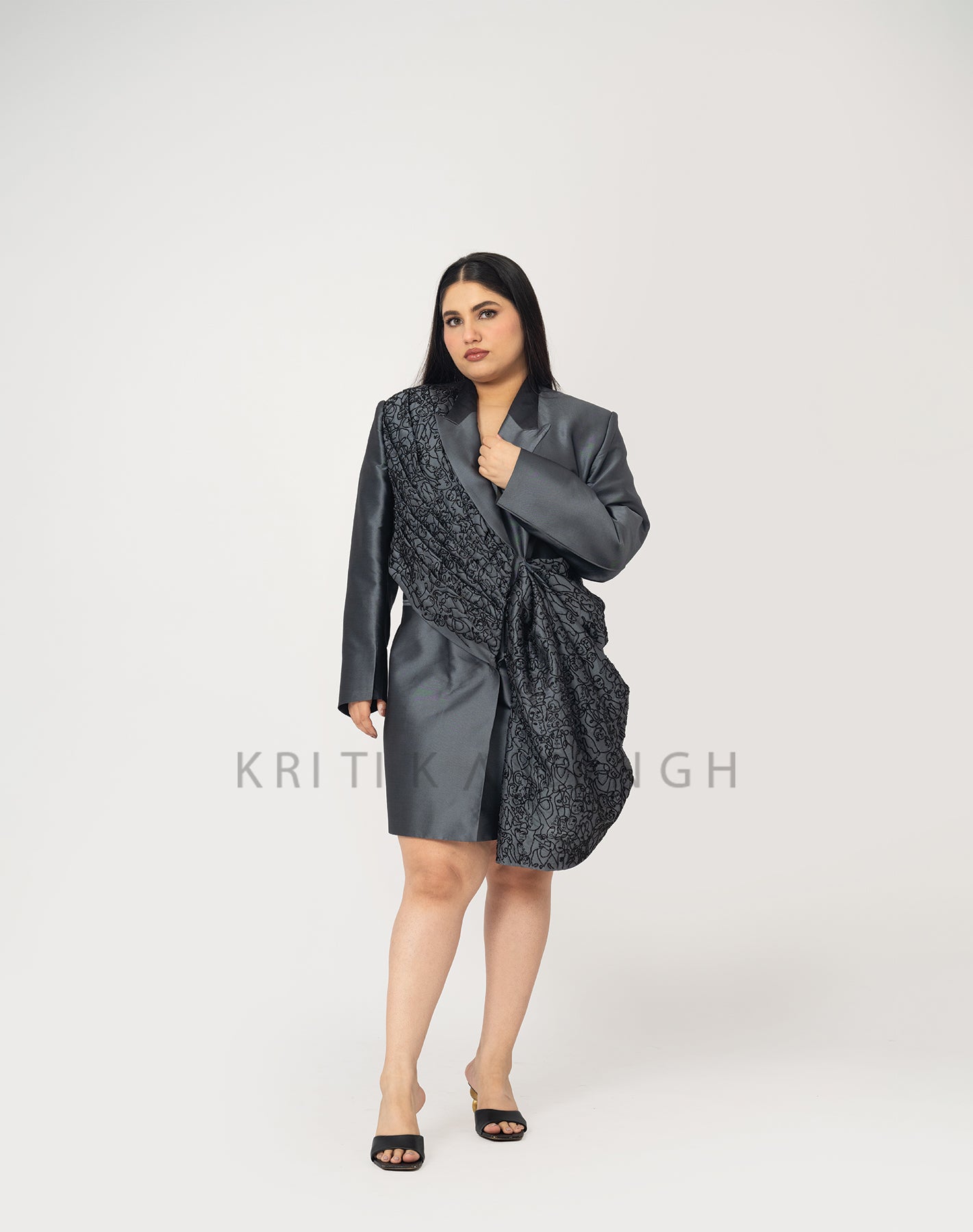 Astral connection Dark grey Hand Embroidered  Blazer Dress