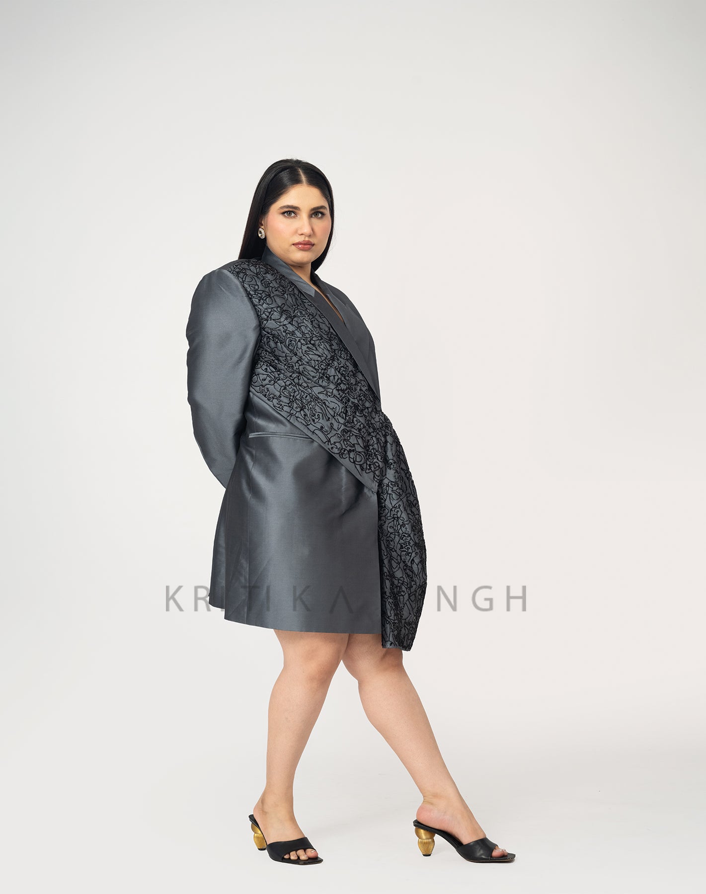 Astral connection Dark grey Hand Embroidered  Blazer Dress