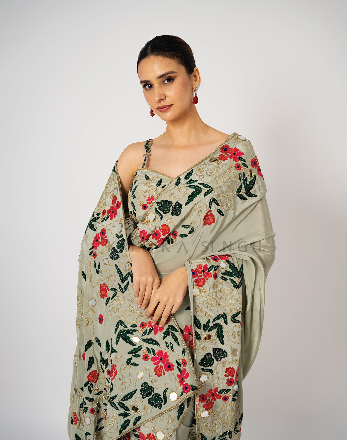 Spring afresh Sage green Hand Embroidered Saree