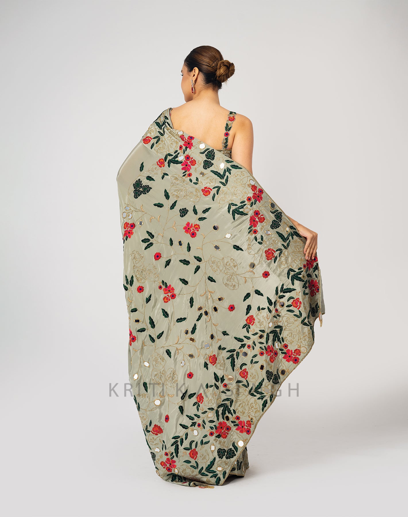 Spring afresh Sage green Hand Embroidered Saree