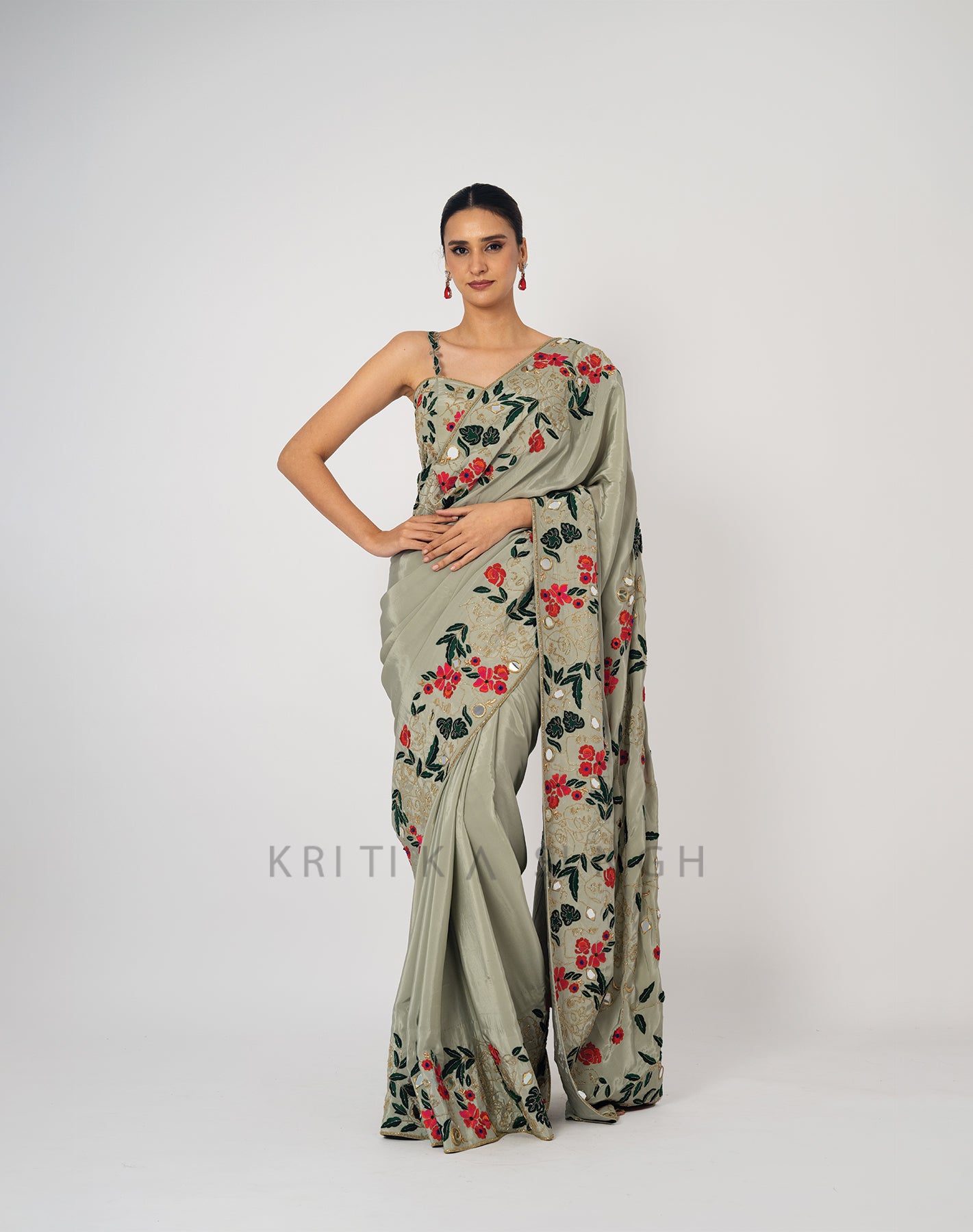 Spring afresh Sage green Hand Embroidered Saree