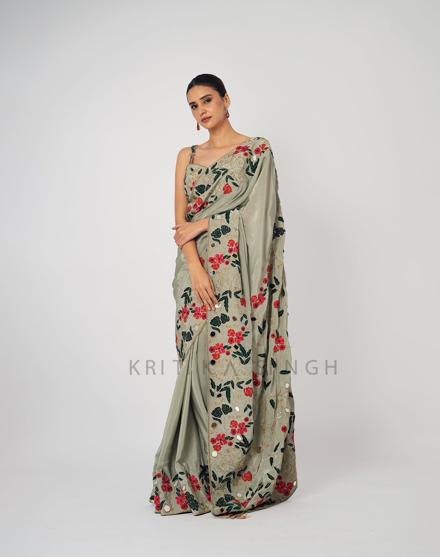 Spring afresh Sage green Hand Embroidered Saree