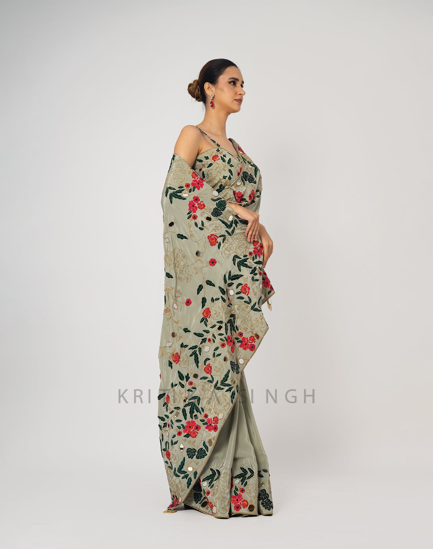 Spring afresh Sage green Hand Embroidered Saree