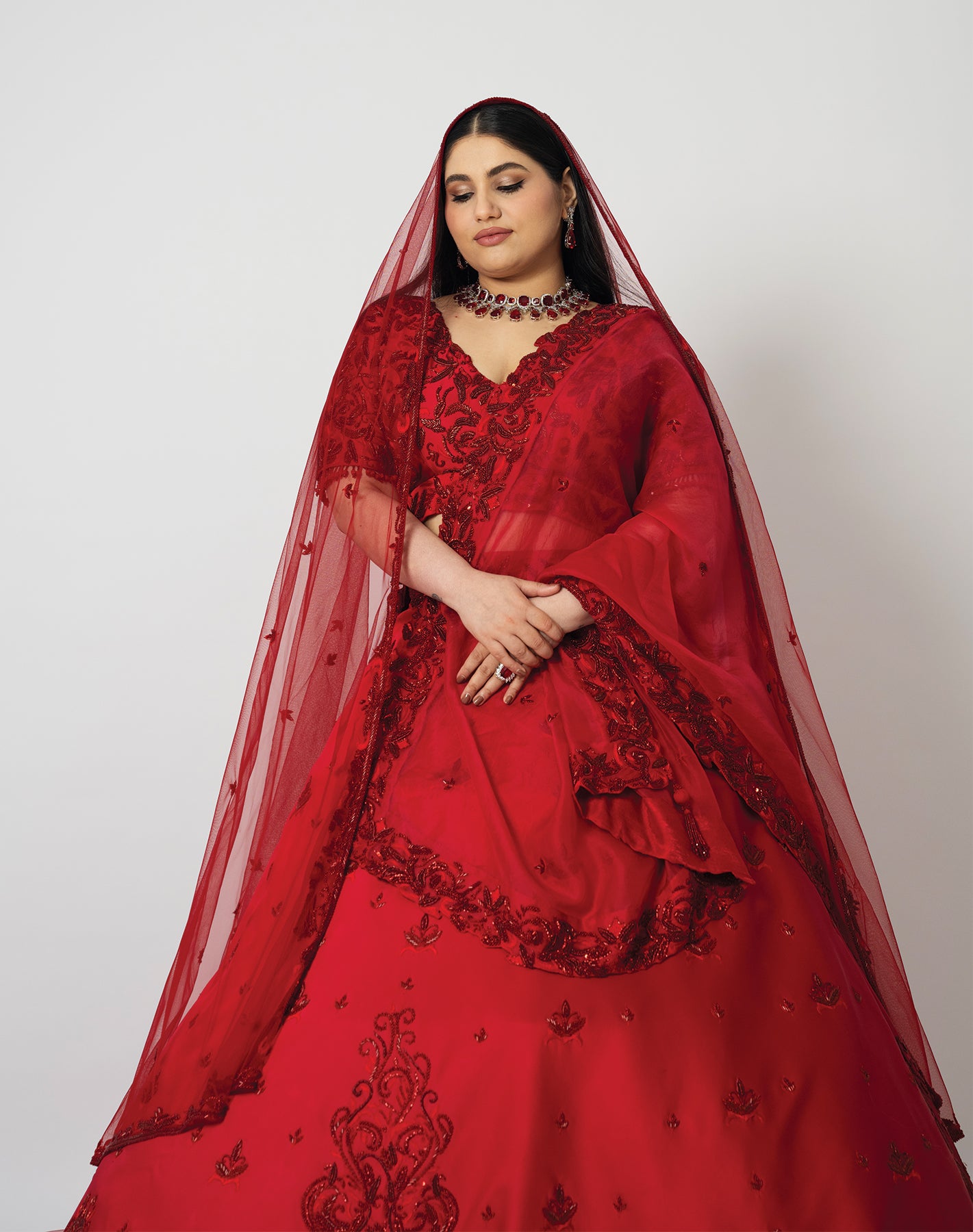 Shahana Tomato Red Hand Embroidered  Bridal lehenga Set