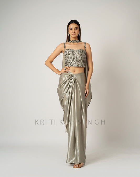 The Midas Touch Silver Metallic Hand Embroidered Indo-Western