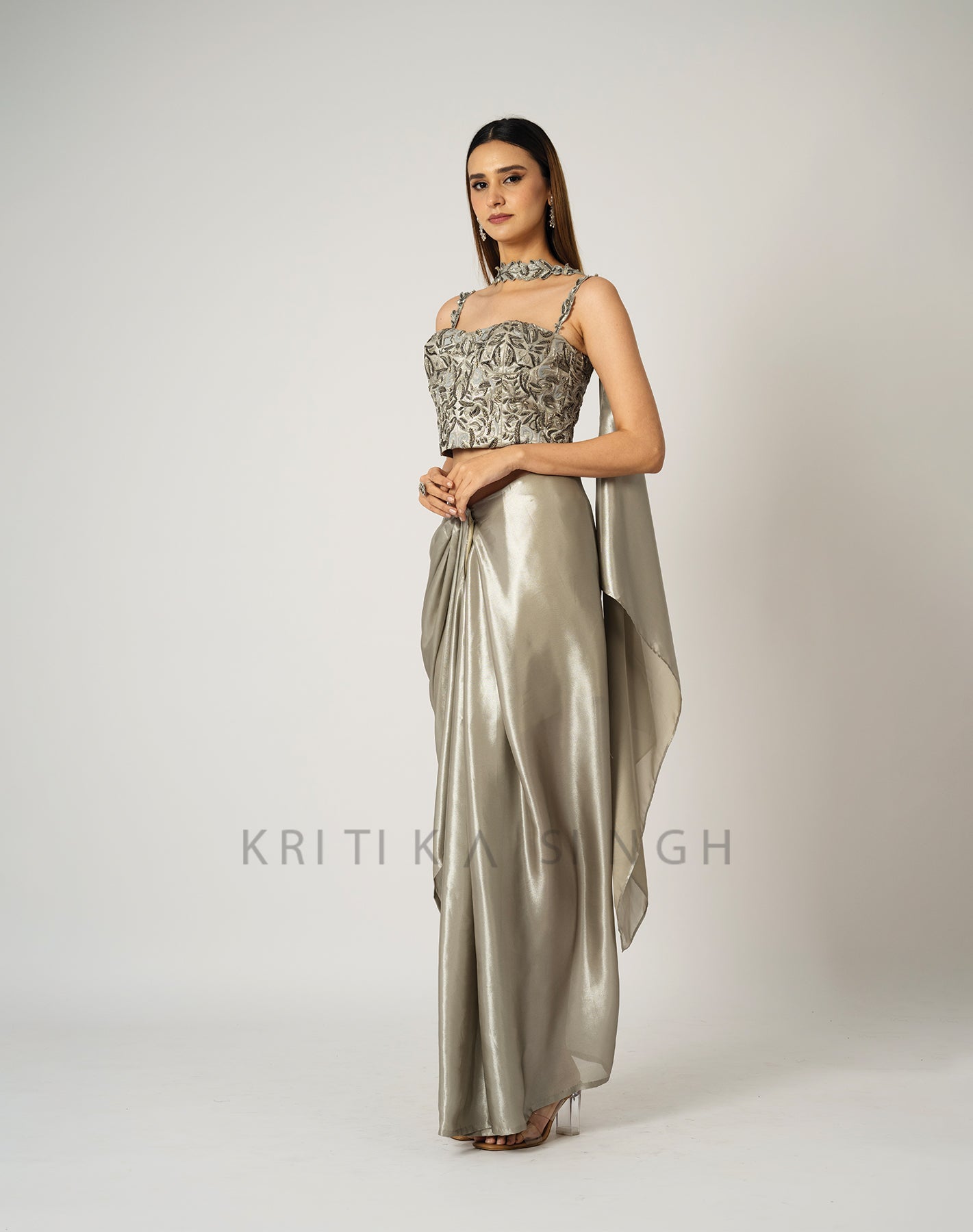 The Midas Touch Silver Metallic Hand Embroidered Indo-Western