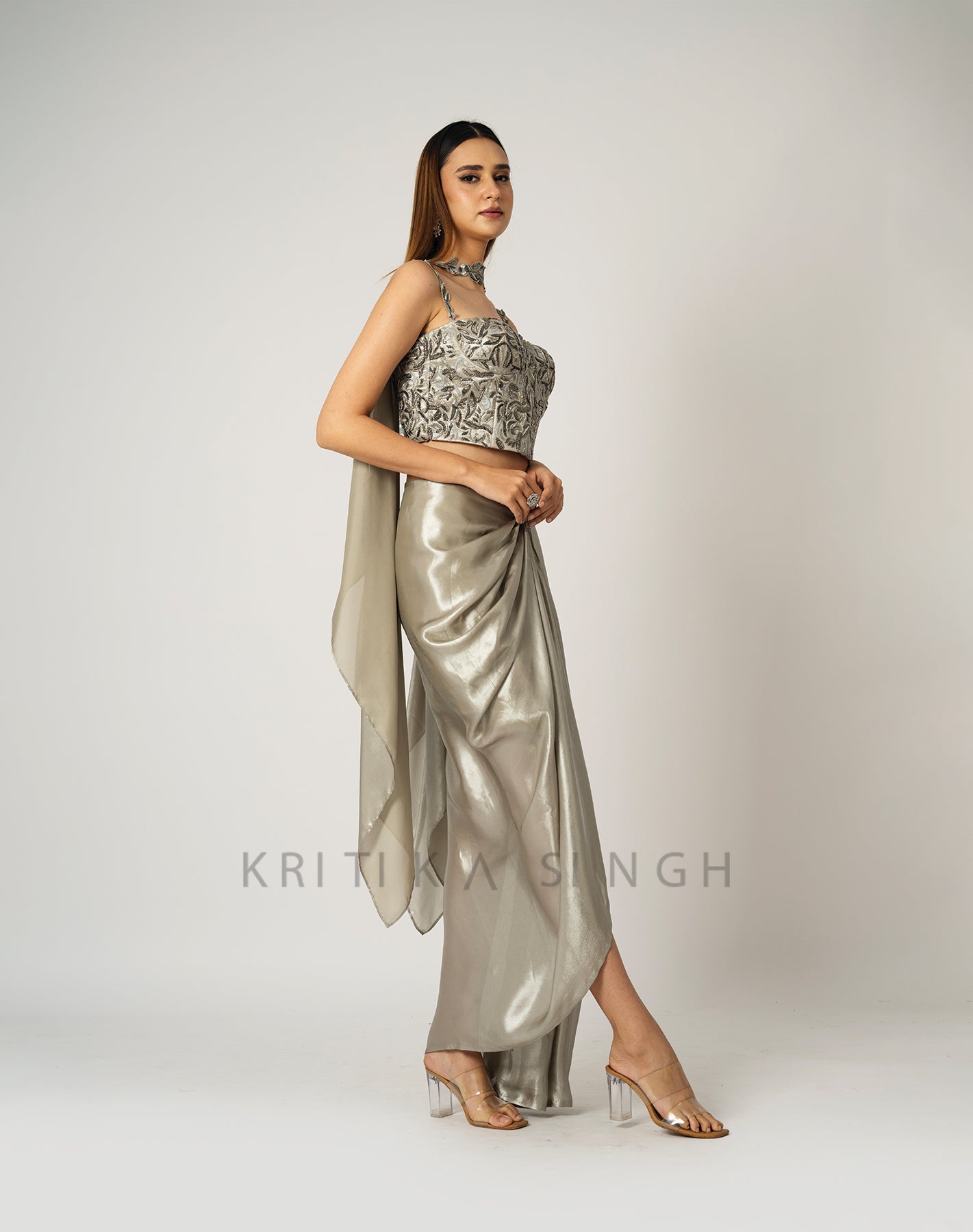 The Midas Touch Silver Metallic Hand Embroidered Indo-Western