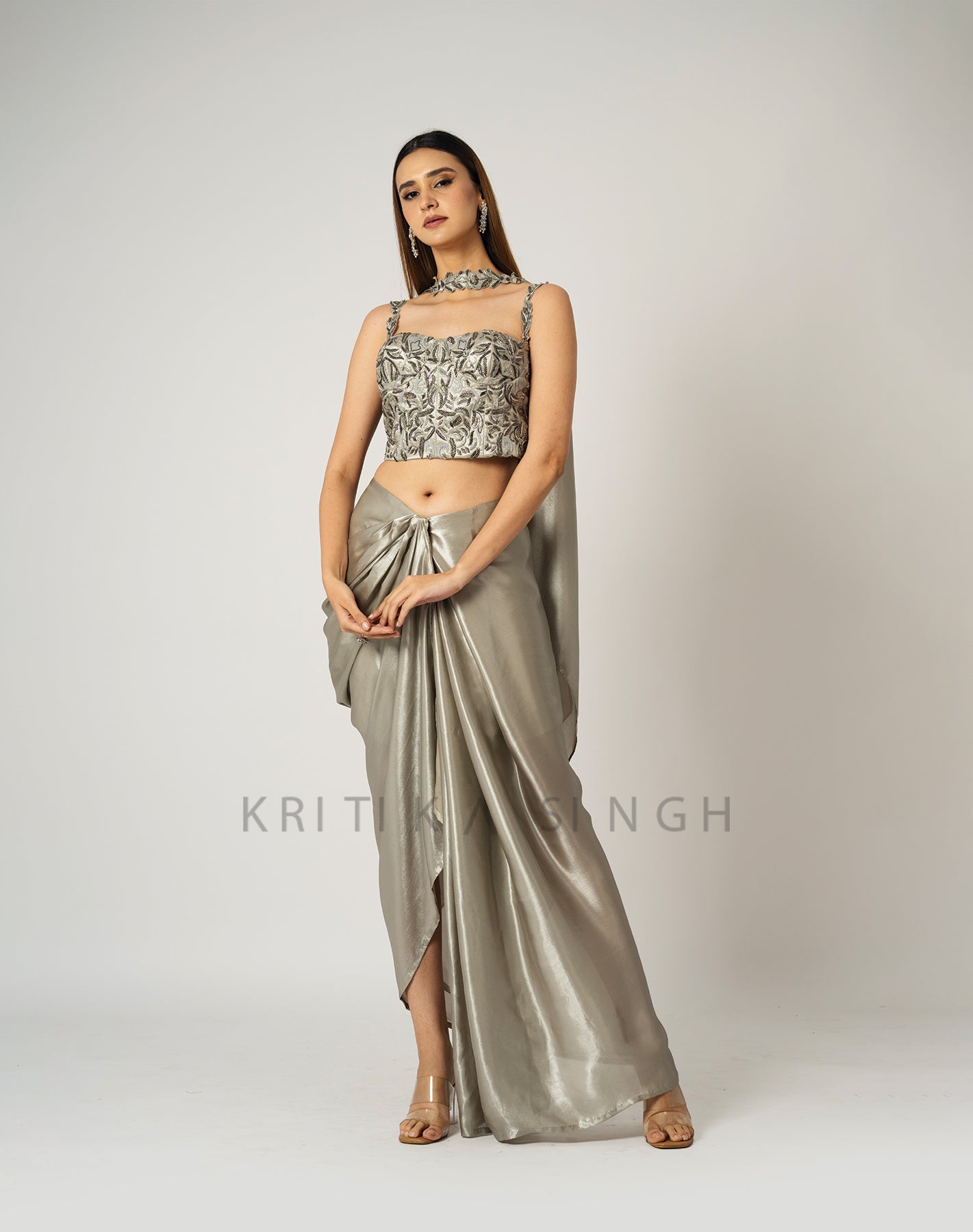 The Midas Touch Silver Metallic Hand Embroidered Indo-Western