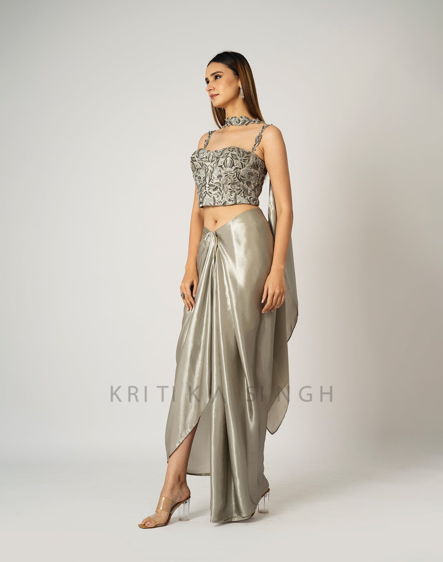 The Midas Touch Silver Metallic Hand Embroidered Indo-Western