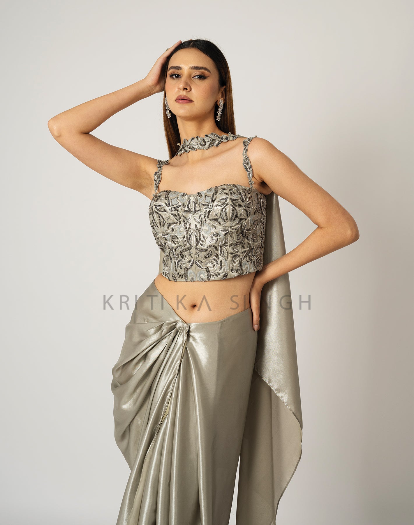 The Midas Touch Silver Metallic Hand Embroidered Indo-Western