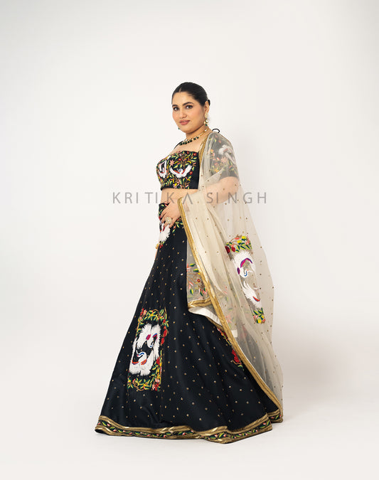 Black Swan Black Hand Embroidered  Lehenga Set