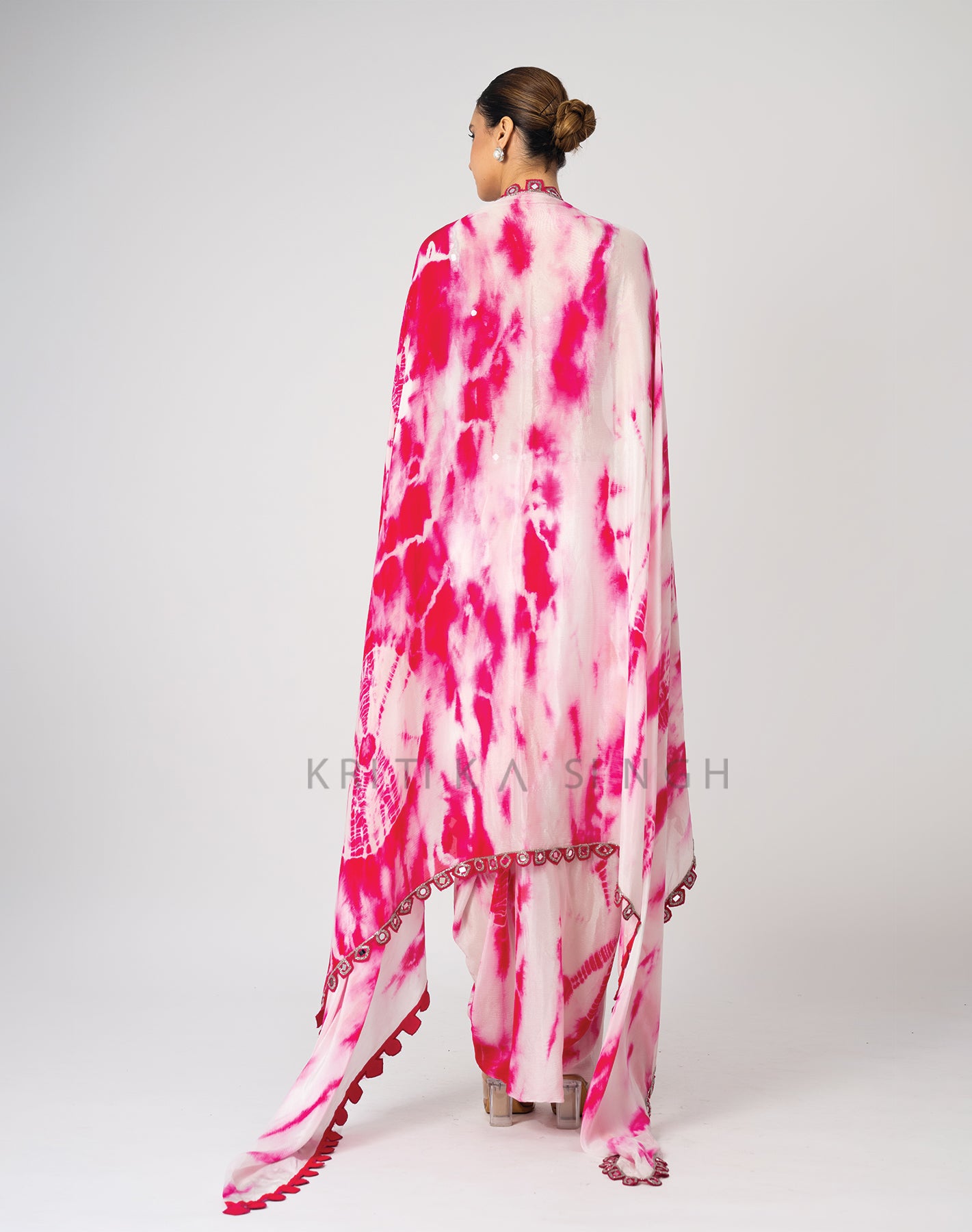 Staind Touch Hot Pink and White Tie and Dye Hand Embroidered  Indo-Western