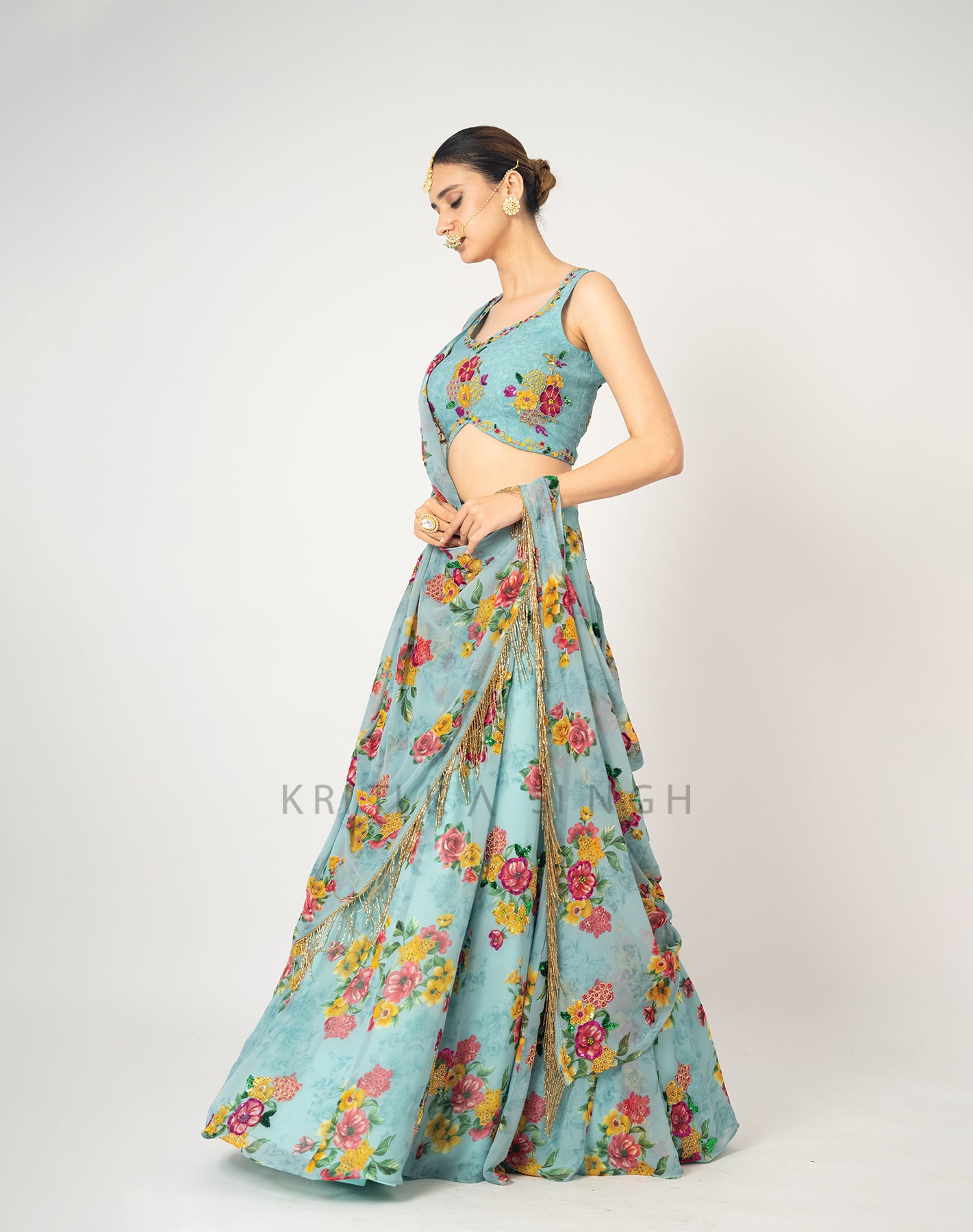 The Sunset Floral Blue Hand Embroidered Lehenga Set