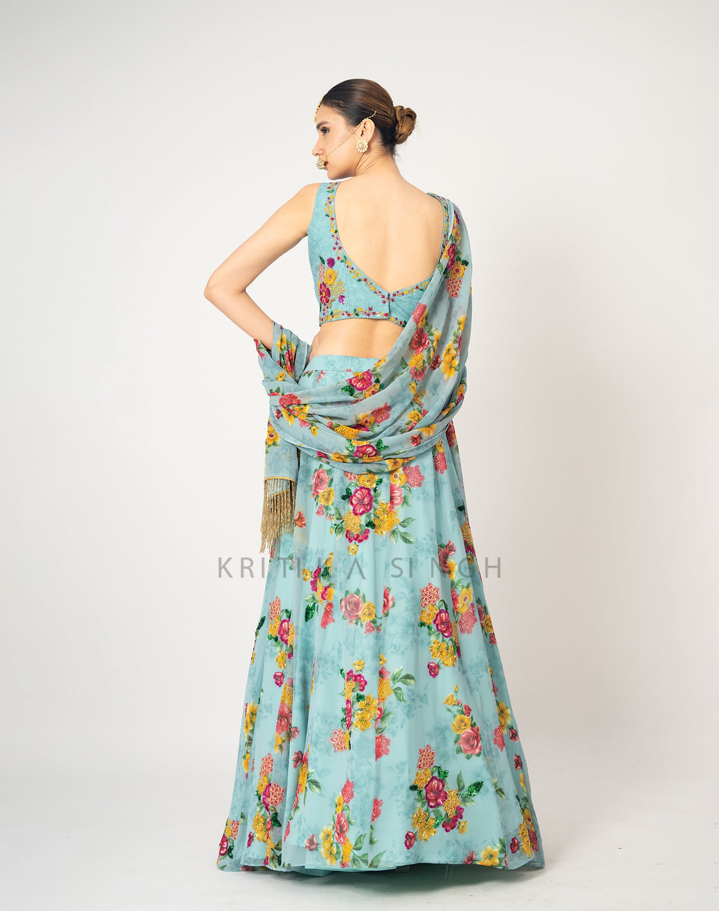 The Sunset Floral Blue Hand Embroidered Lehenga Set