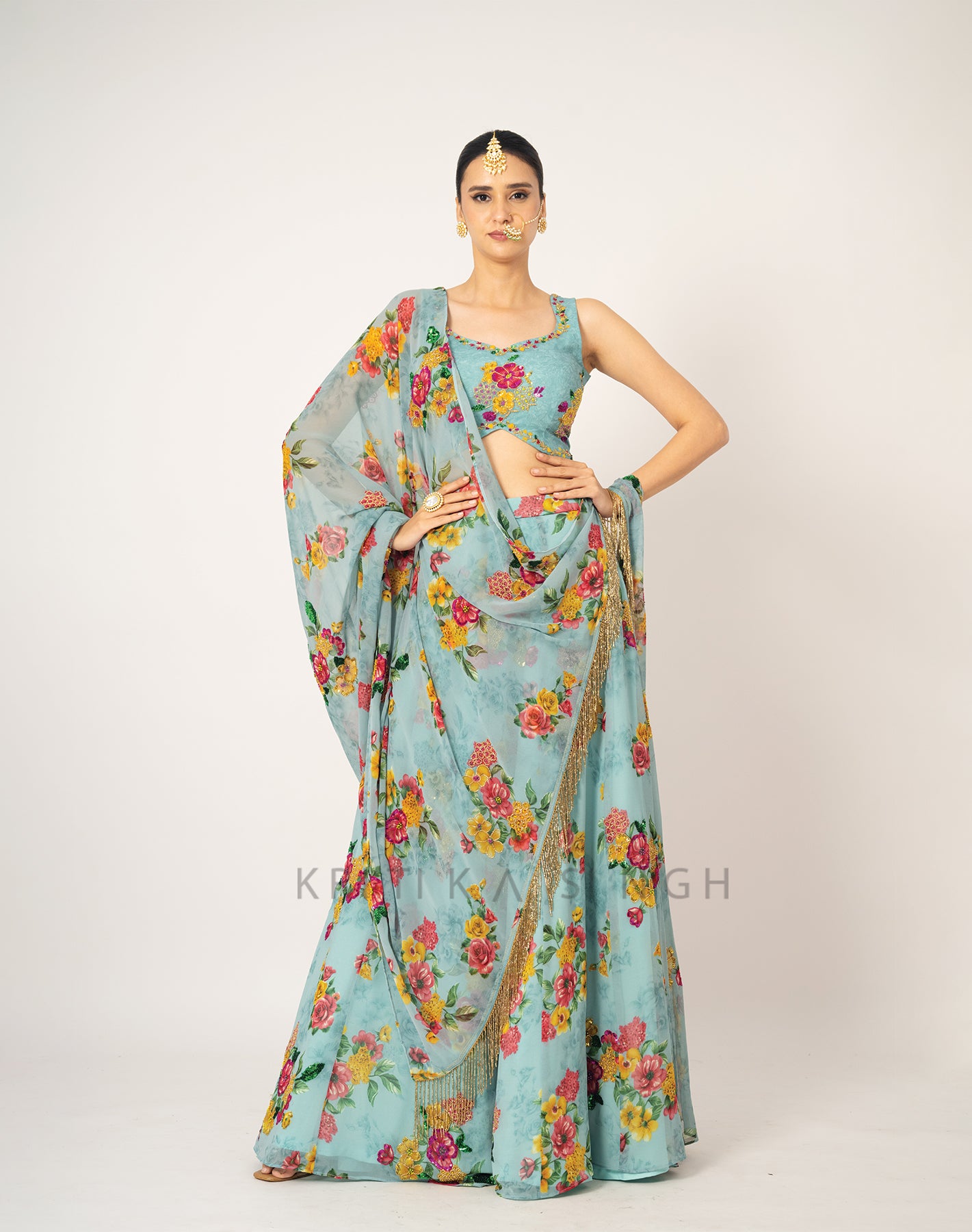 The Sunset Floral Blue Hand Embroidered Lehenga Set