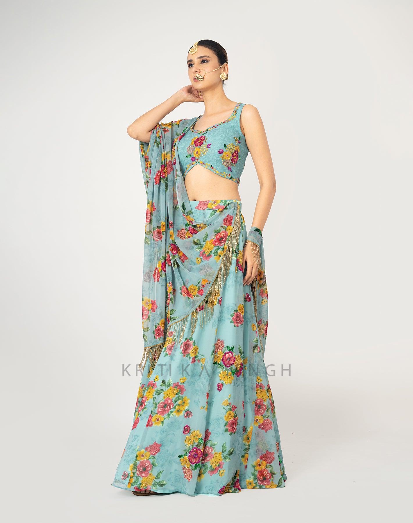 The Sunset Floral Blue Hand Embroidered Lehenga Set