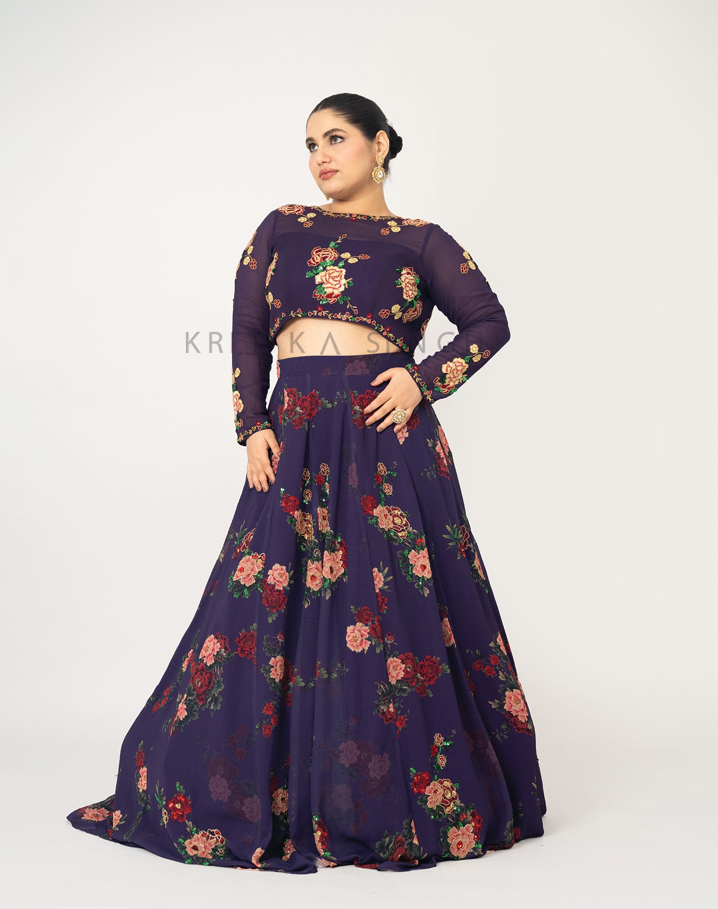 The Sunset Floral Purple Hand Embroidered  Lehenga Set