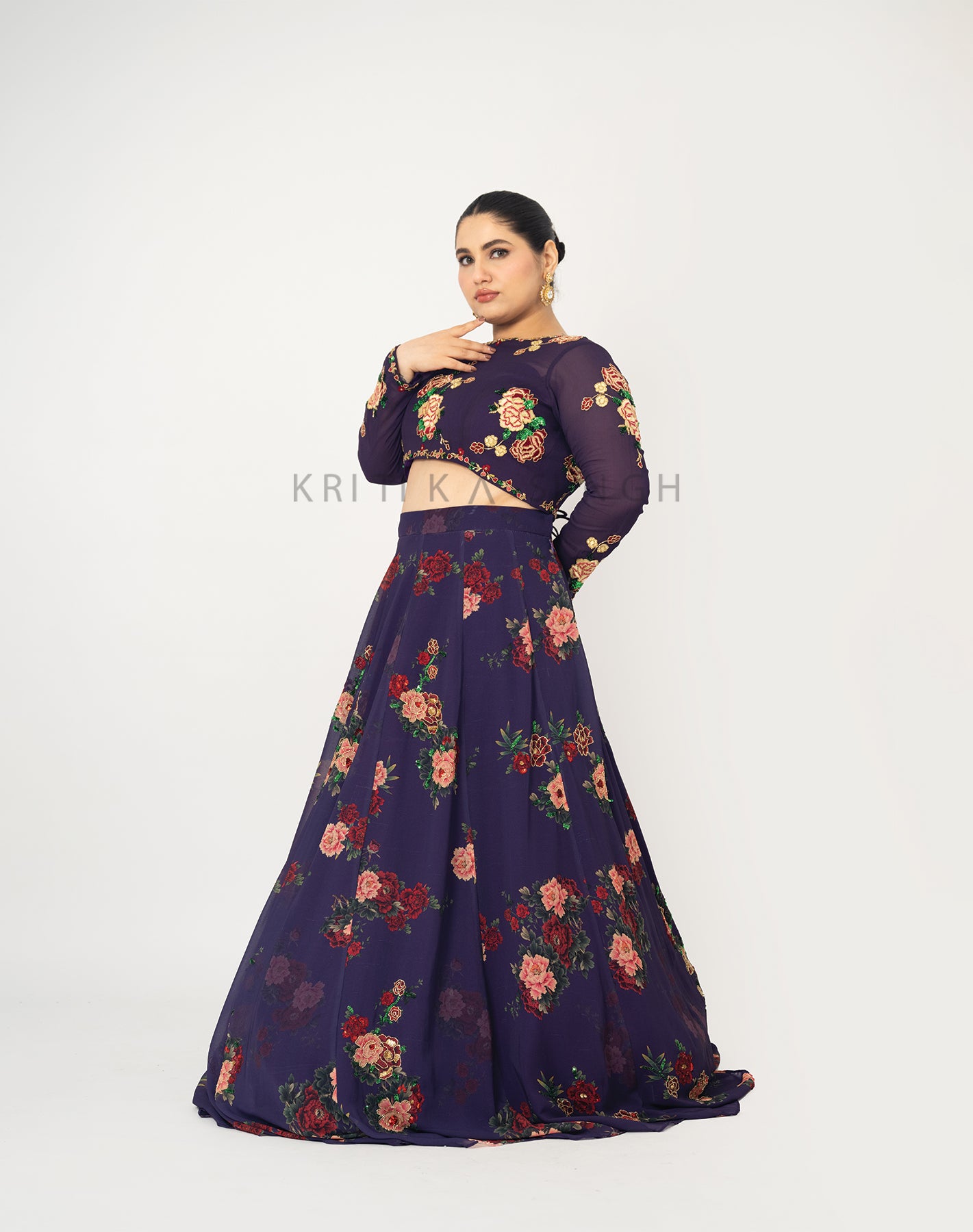 The Sunset Floral Purple Hand Embroidered  Lehenga Set