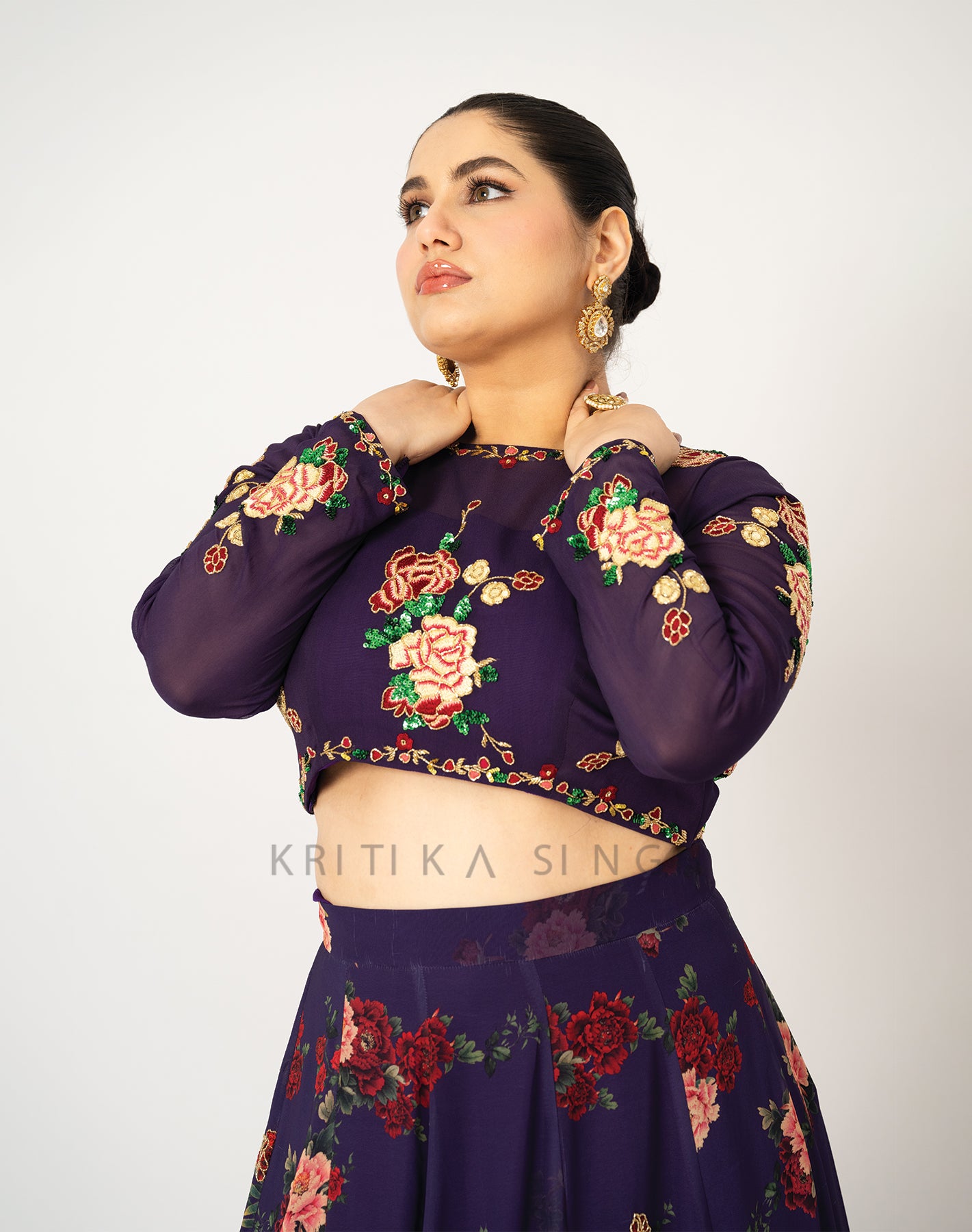 The Sunset Floral Purple Hand Embroidered  Lehenga Set