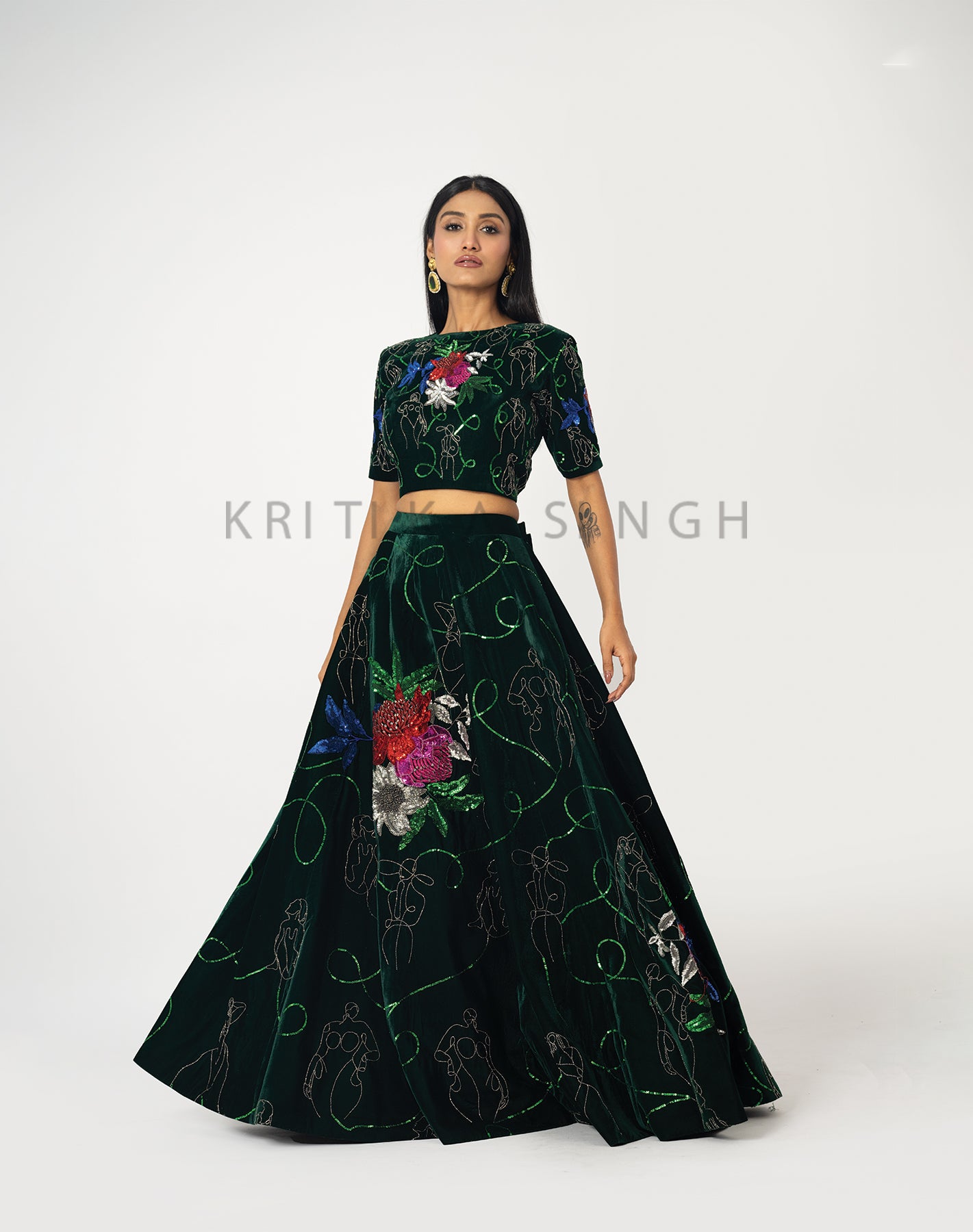 Floral getaways Forest green Hand Embroidered  Lehenga Set