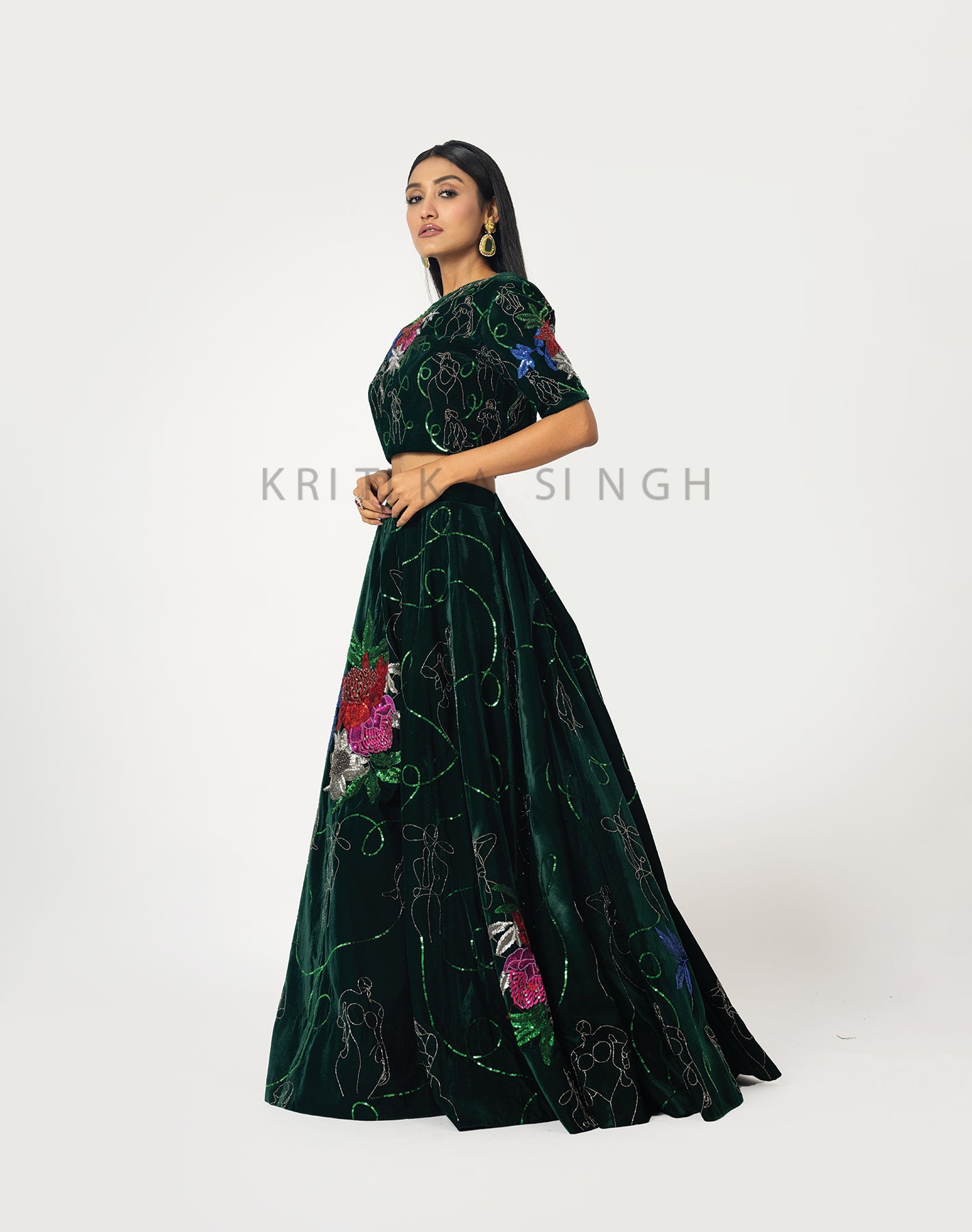 Floral getaways Forest green Hand Embroidered  Lehenga Set