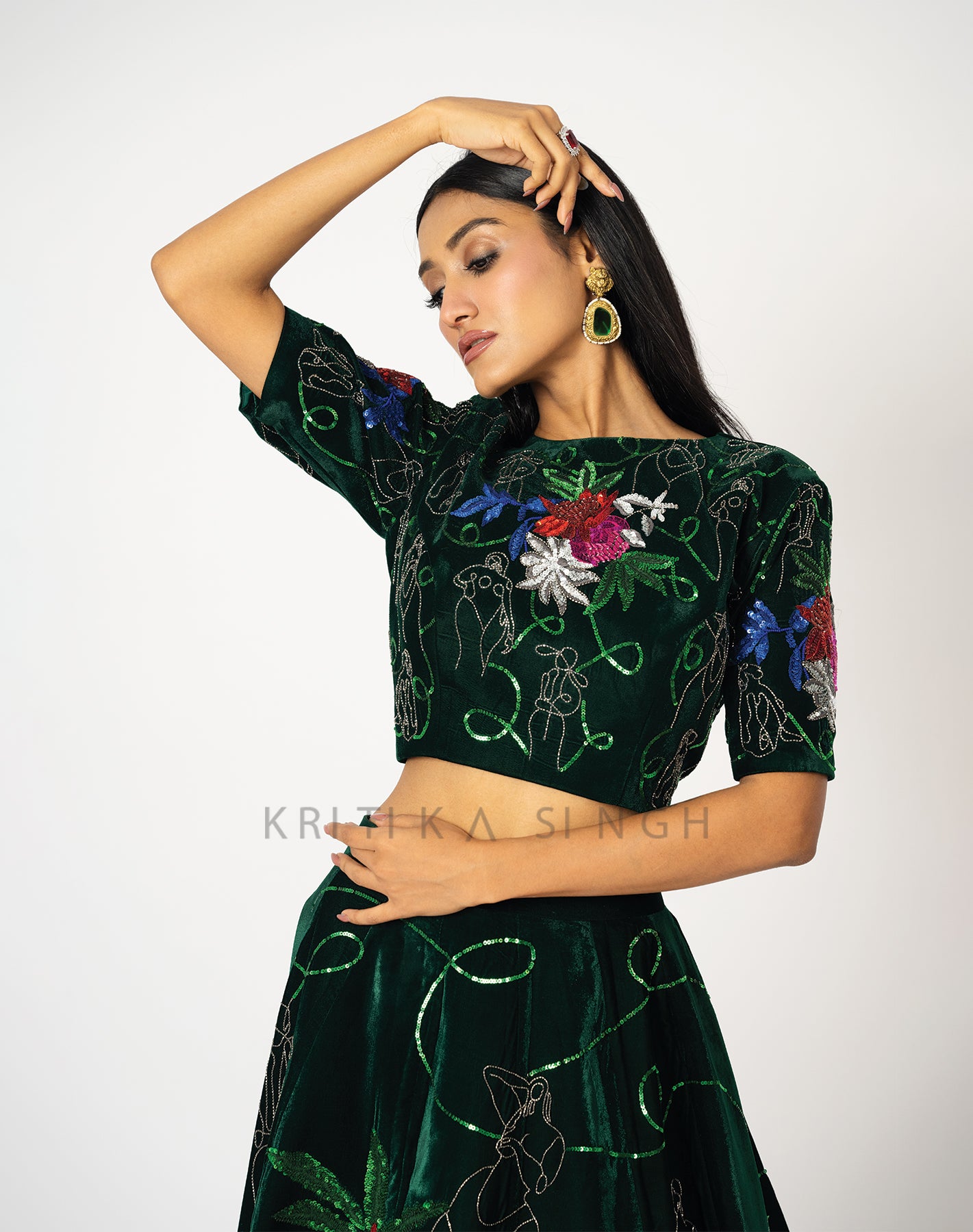 Floral getaways Forest green Hand Embroidered  Lehenga Set