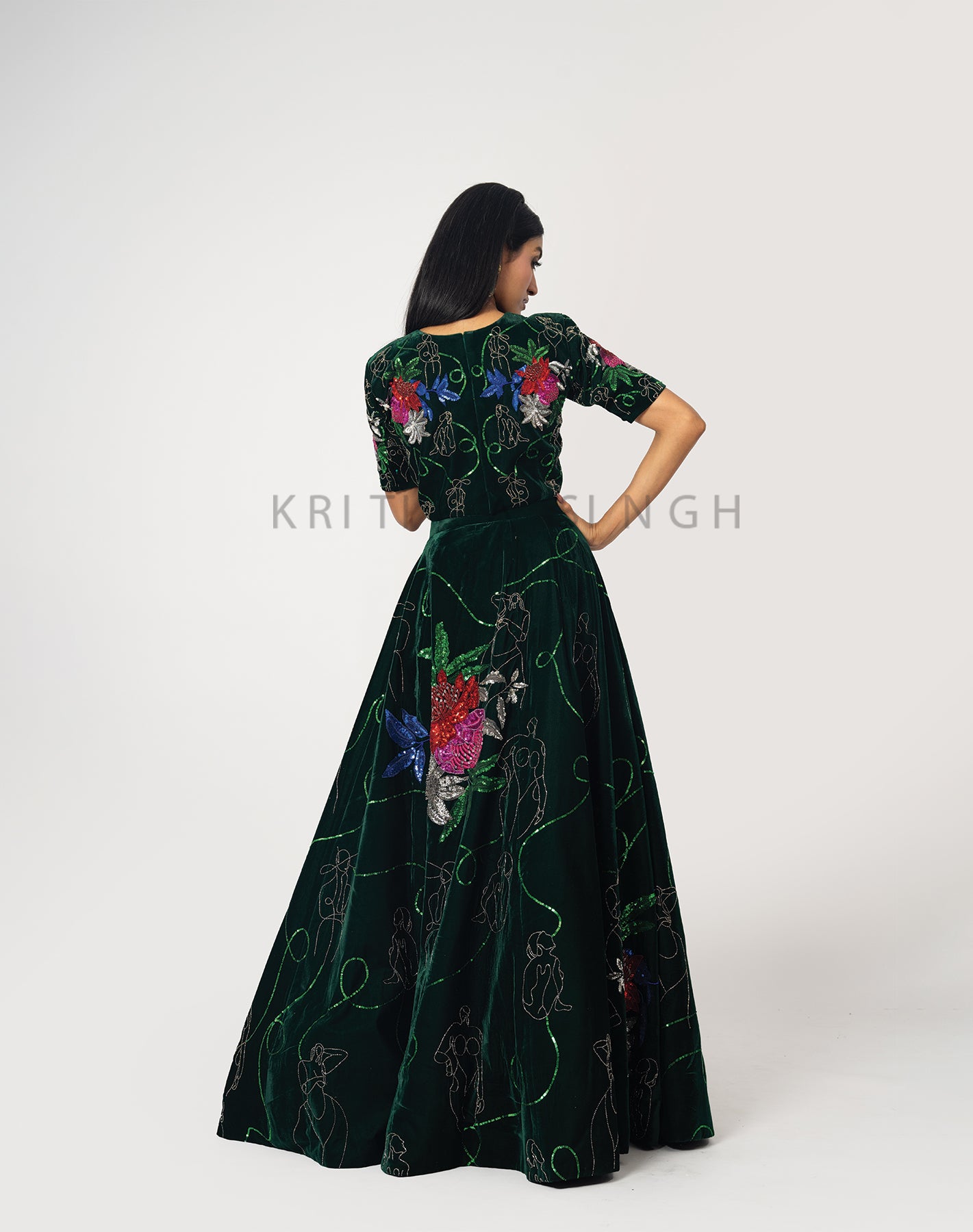 Floral getaways Forest green Hand Embroidered  Lehenga Set