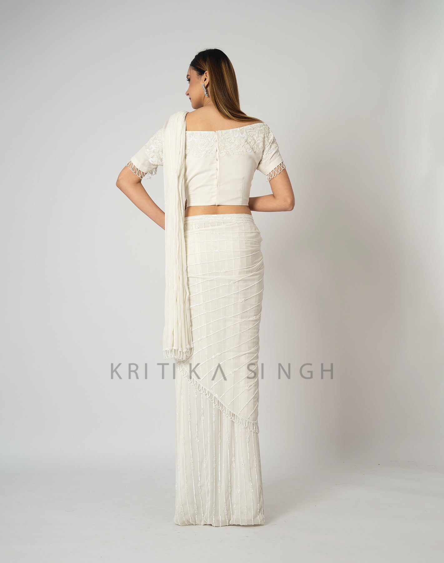 Ivory Tower White Hand Embroidered Saree