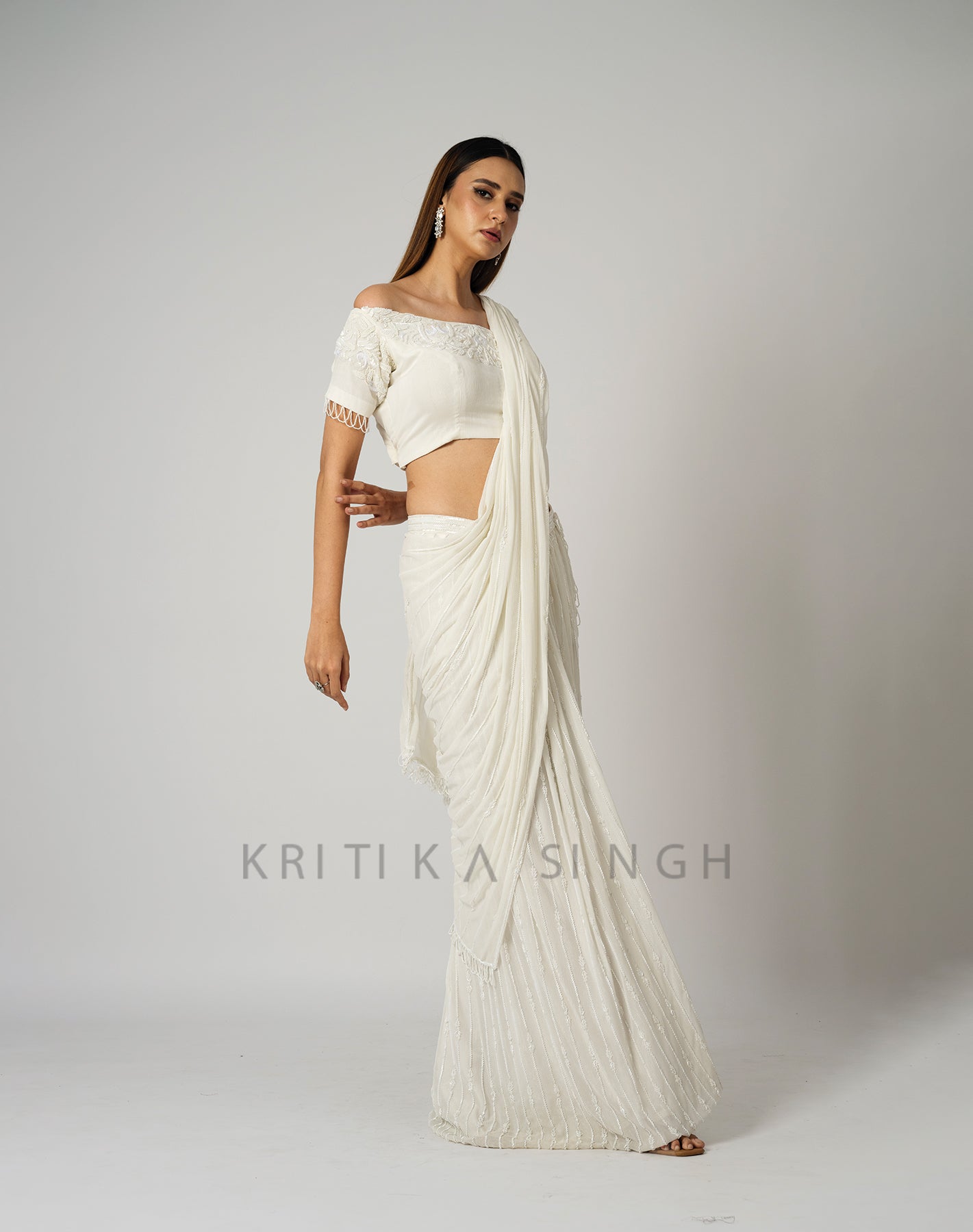 Ivory Tower White Hand Embroidered Saree