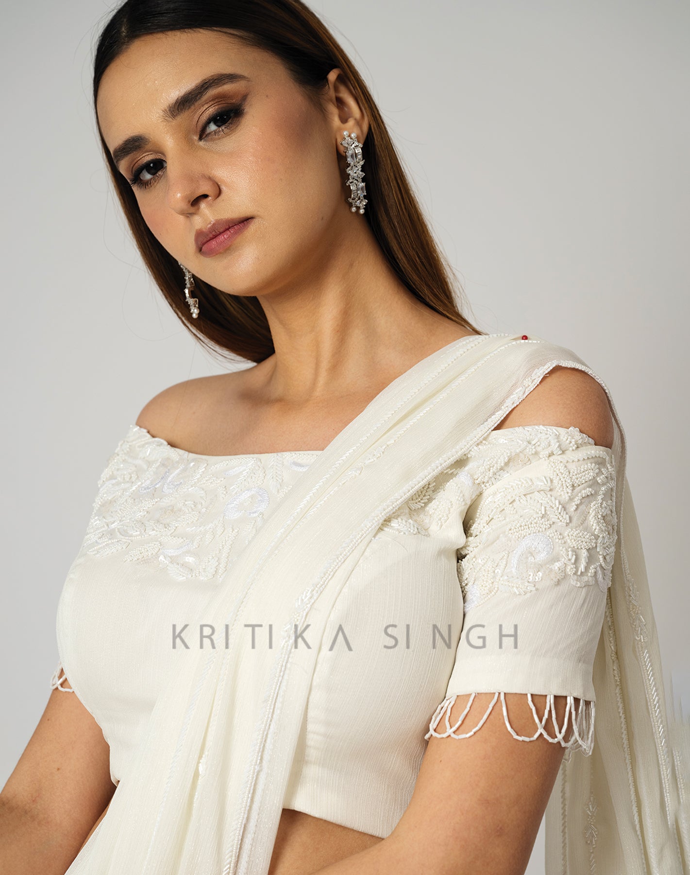 Ivory Tower White Hand Embroidered Saree